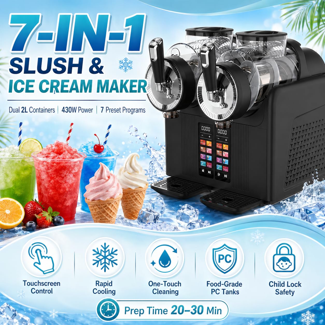 Máquina para Granizados Profesional – Doble Depósito 2×2L, 7 Programas, Autolimpieza y Enfriamiento Rápido – Helado Soft y Batidos – para Cafetería, Food Truck, Bar en Casa BlackA