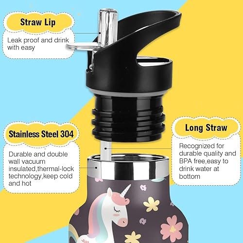 Miniatura 3 de Botella de agua colorida de dibujos animados de unicornios para niños con tapa de boquilla a prueba de fugas, doble pared aislada al vacío, a prueba