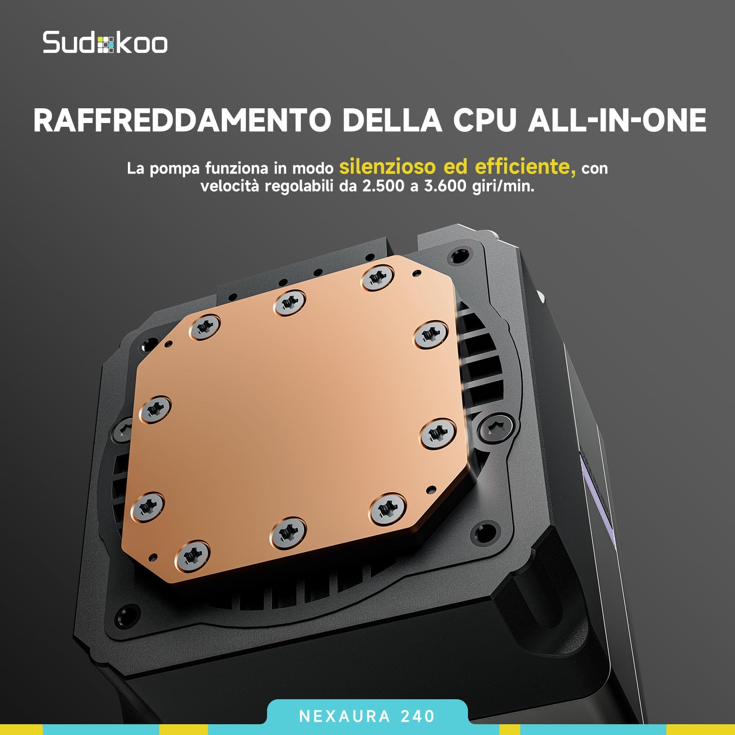 Sudokoo NEXAURA 240 Dissipatore Liquido 240mm per CPU, Raffreddamento Liquido AIO 240mm, 2 Ventole PWM FDB, ARGB PWM Pompa Silenziosa, 2500-3600RPM,TDP 280W, Intel LGA1851/1700/1200/115X e AMD AM5/AM4