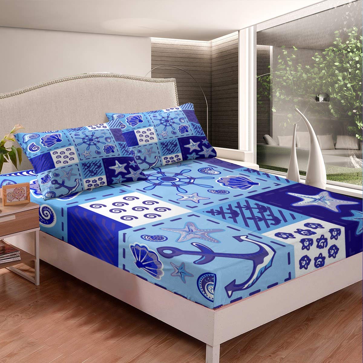 Loussiesd Boys Anchor Bedding Set Nautical Theme Fitted Sheet For Kids Children Cartoon Starfish Bed Sheet Set Blue Ocean Marine Bed Cover Bedroom Decor 3Pcs King Size