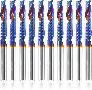 HQMaster 10pcs O Flute CNC Router Bits, 1/8 Inch Shank Single Flute End Mill, Tungsten Carbide Spiral Router Bit, Upcut Single Edged Engraving Milling Cutter for Acrylic, Plastic, MDF, Aluminum, PVC