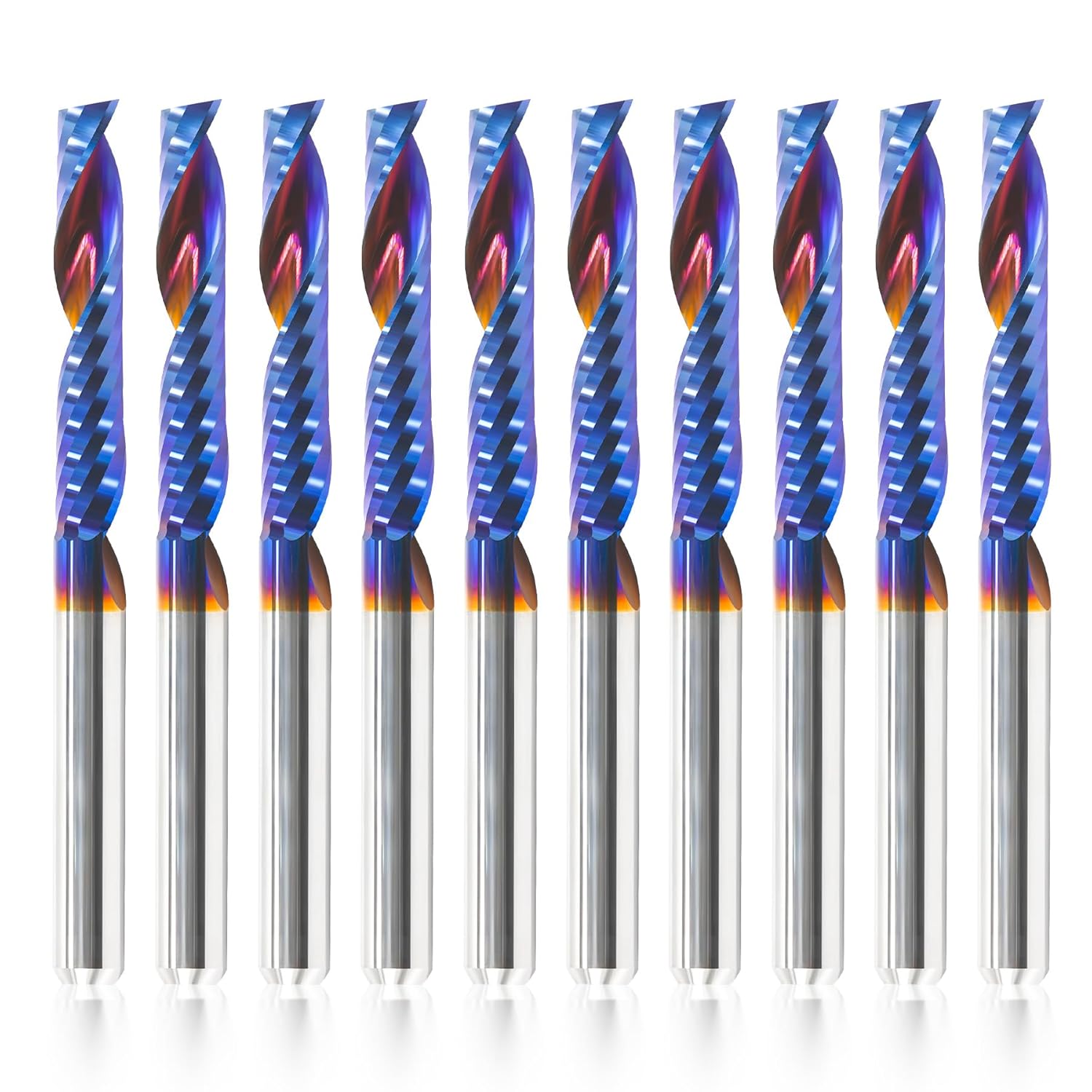 HQMaster 10pcs O Flute CNC Router Bits, 1/8 Inch Shank Single Flute End Mill, Tungsten Carbide Spiral Router Bit, Upcut Single Edged Engraving Milling Cutter for Acrylic, Plastic, MDF, Aluminum, PVC