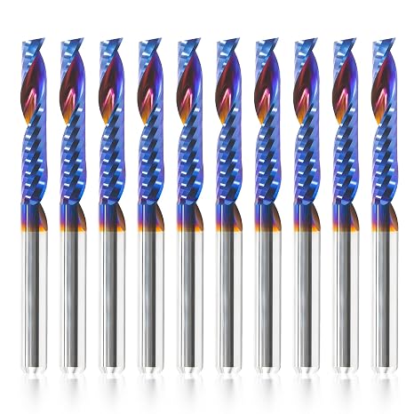 HQMaster 10pcs O Flute CNC Router Bits, 1/8 Inch Shank Single Flute End Mill, Tungsten Carbide Spiral Router Bit, Upcut Single Edged Engraving Milling Cutter for Acrylic, Plastic, MDF, Aluminum, PVC