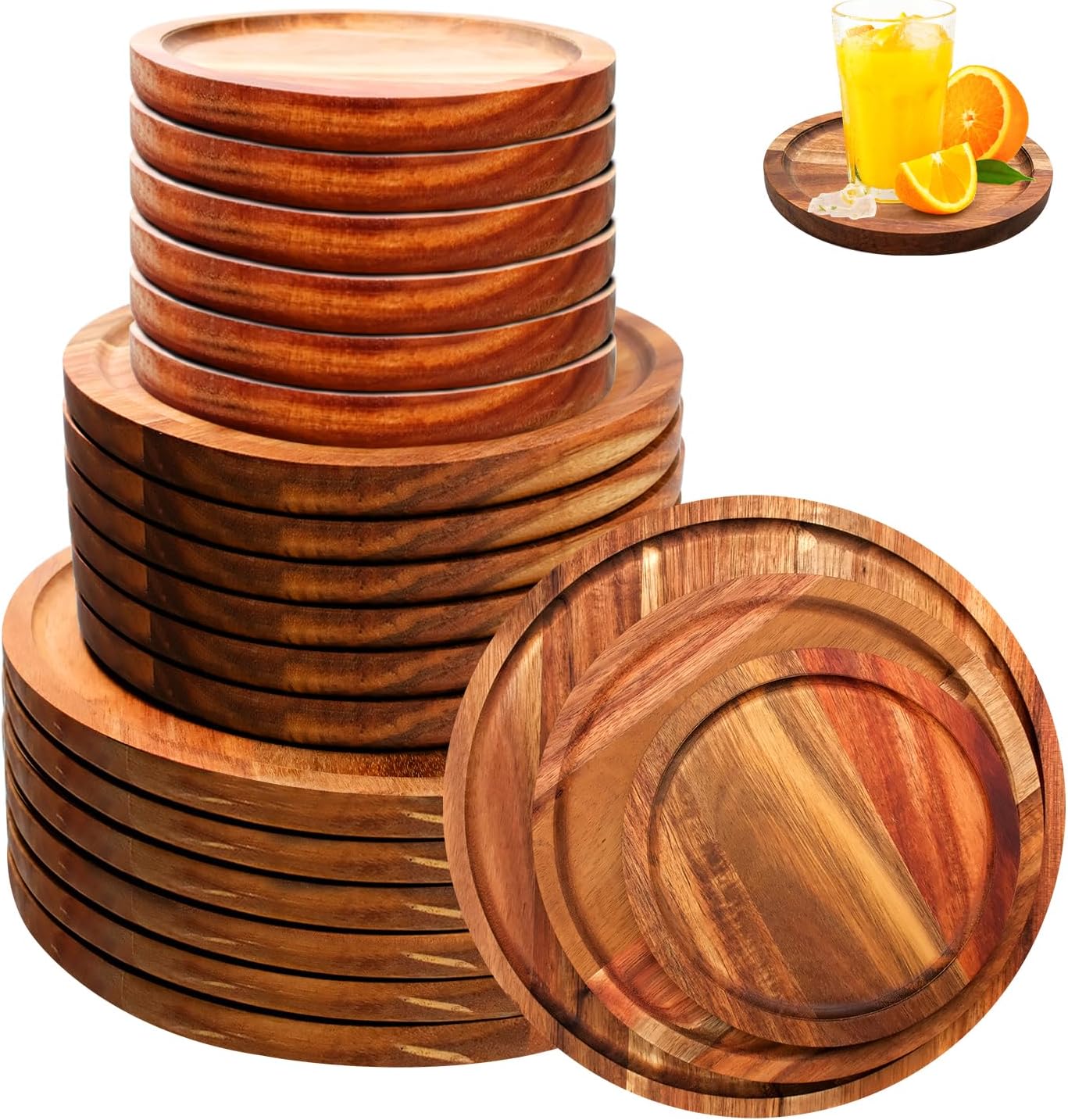 18 Pcs Round Acacia Wood Dinner Plates Set 6 8 10 Inch Natural Classic Food Trays Lightweight Wooden Charger Plates for Serving Dish, Snack, Salad, Dessert, Housewarming Christmas Gifts
