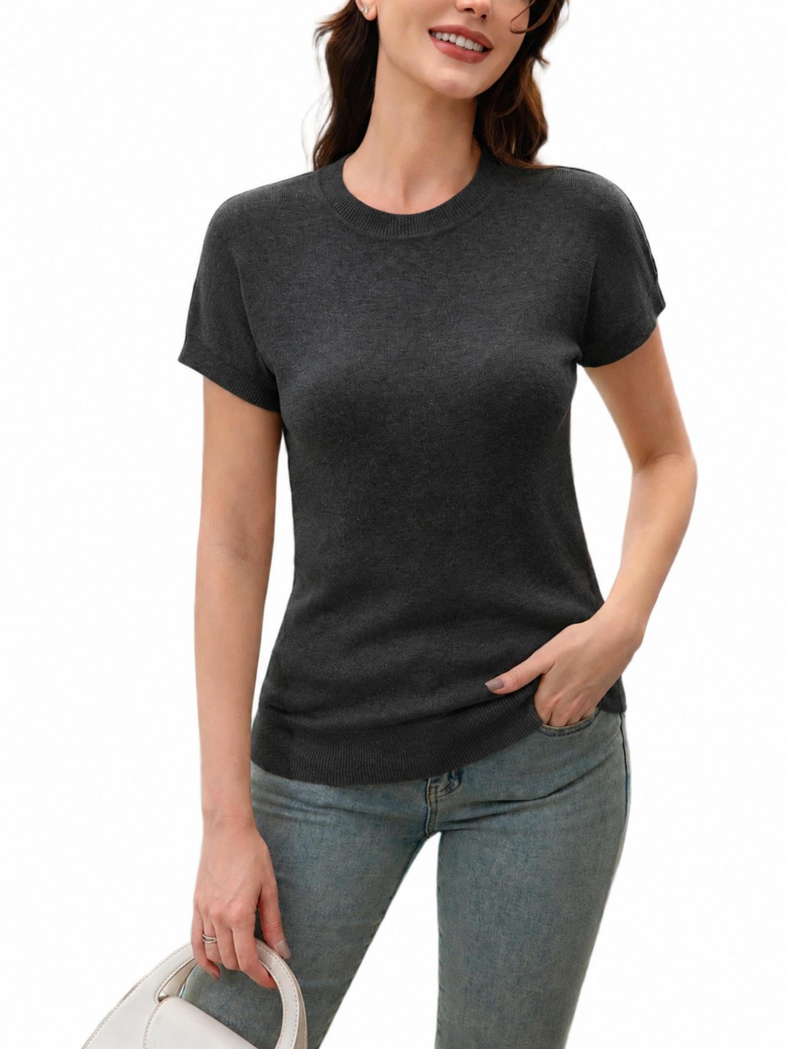 Women's Cashmere Blend Short Sleeve Sweater Drop Shoulder - 1