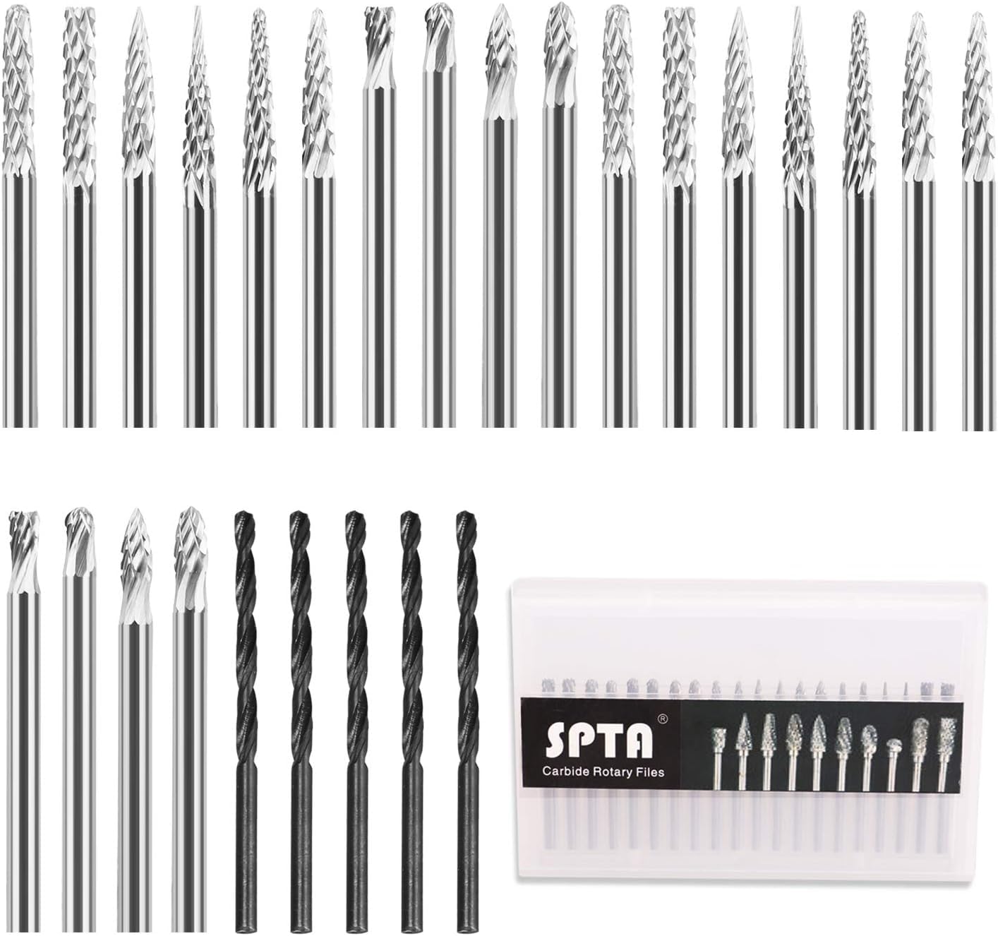 Fresas giratorias, SPTA 20Pcs fresa carburo de tungsteno meche acero rotativo archivos brocas de diamante/herramienta rotativa con 1/8" (3mm) Varilla/DIY carpintería, escultura, grabado, perforación