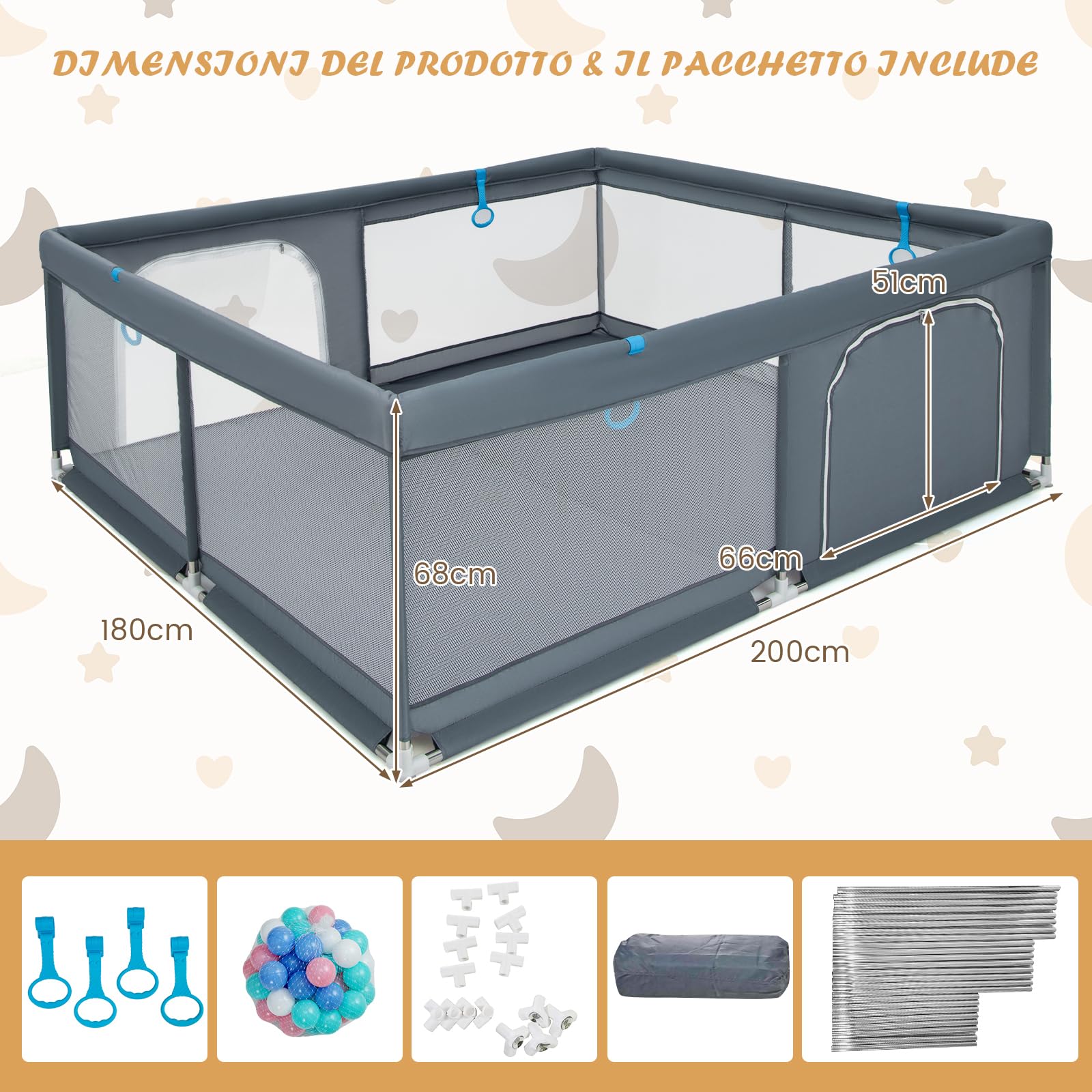 GYMAX 200 x 180 CM Recinto da Gioco per Bambini, Box per Bambini con Rete Traspirante, 50 Palline dell'Oceano e Anelli, Centro Attività con Borsa di Stoccaggio per 0-3 Anni, Blu/Verde/Grigio (Grigio)