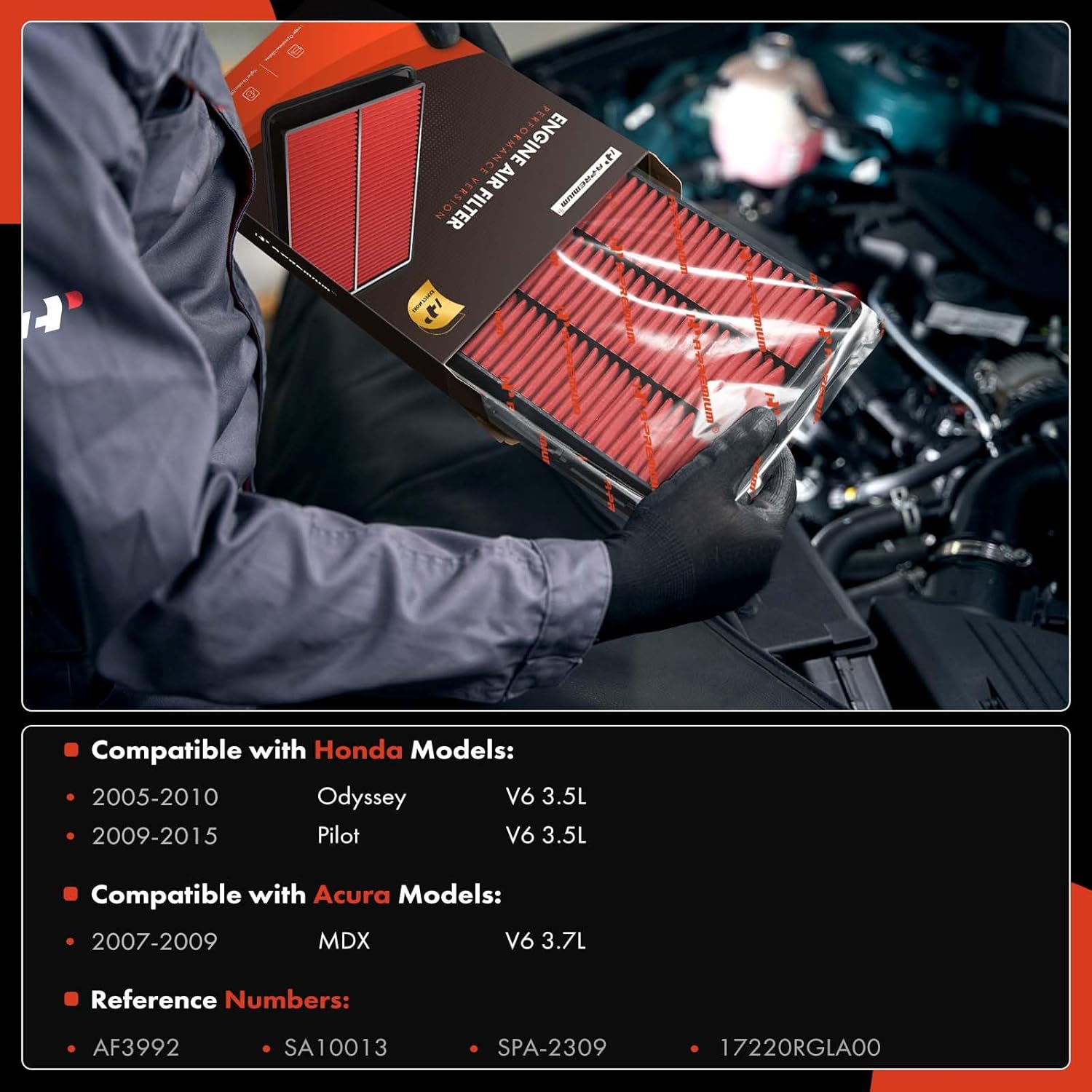 A-Premium 2-PC Pre-oiled Engine Air Filter Compatible with Honda Pilot 2009-2015 3.5L, Odyssey 2005-2010 3.5L & Acura MDX 2007-2009 3.7L, Replace# SA10013, 17220RGLA00