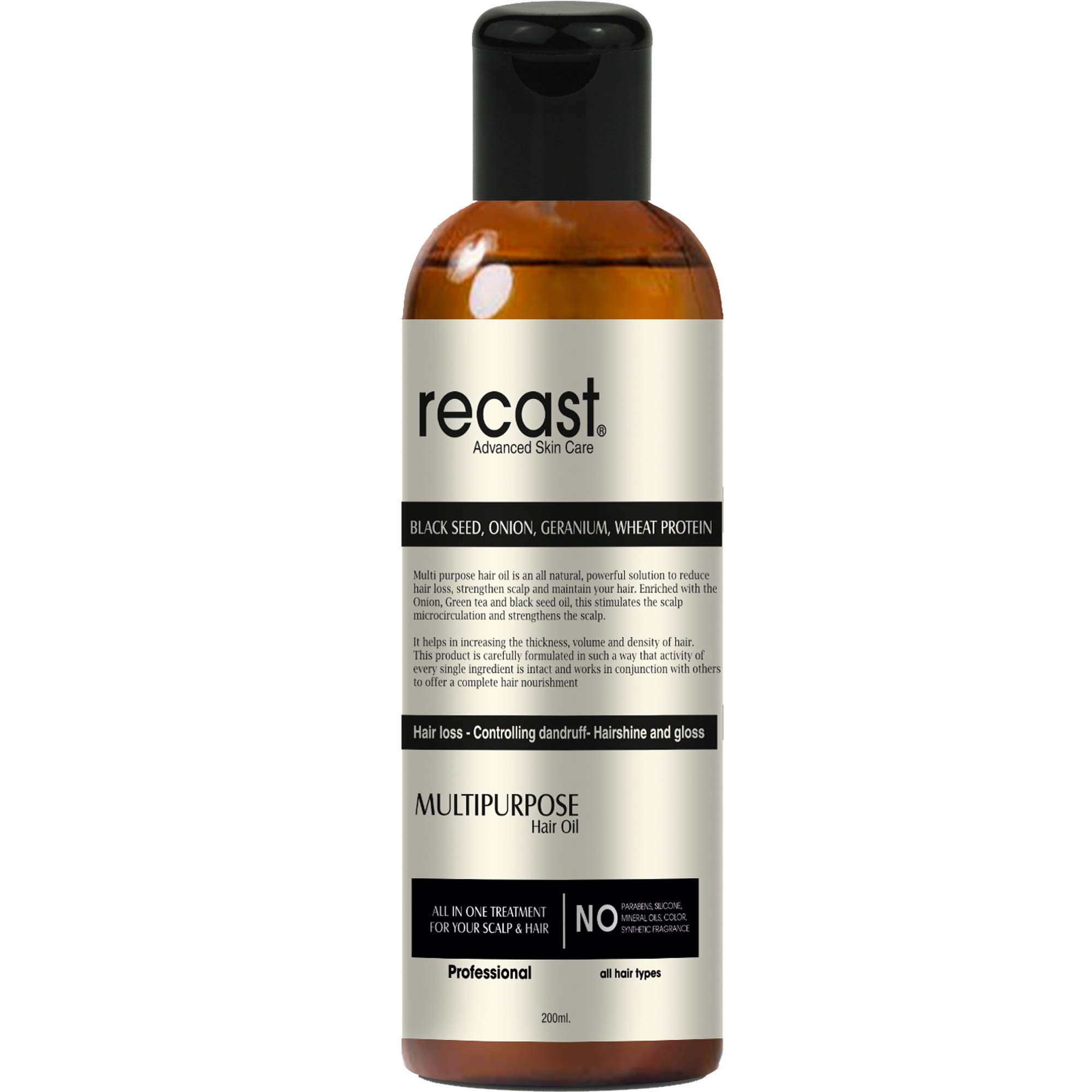 Recast Onion Black Seed Multi-Purpose Hair Oil Control Hair Fall & Dandruff NO Mineral Oil, Silicones & Synthetic Fragrance - 200 ml