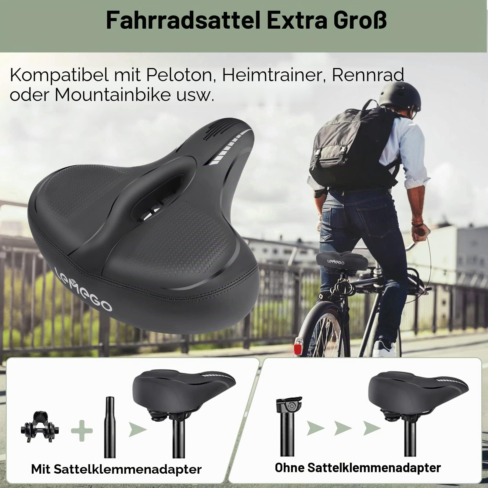 Fahrradsattel Herren Damen Bequem Übergroßer, LEMEGO Fahrrad Sattel Extra Breit Weich Polster Ergonomisch Universal Ersatz Gel Fahrradsitz für MTB, Mountainbike, Heimtrainer, Ebike, Rennrad, Cityrad Sport & Freizeit