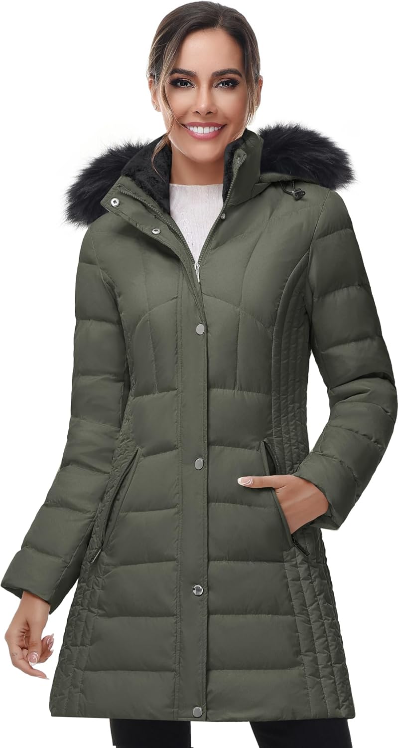 SLOW DOWN Women Winter Down Puffer Coat Warm Hooded Mid-Length Down Jacket for Women with Faux Fur Trim Hood and Pile Collar