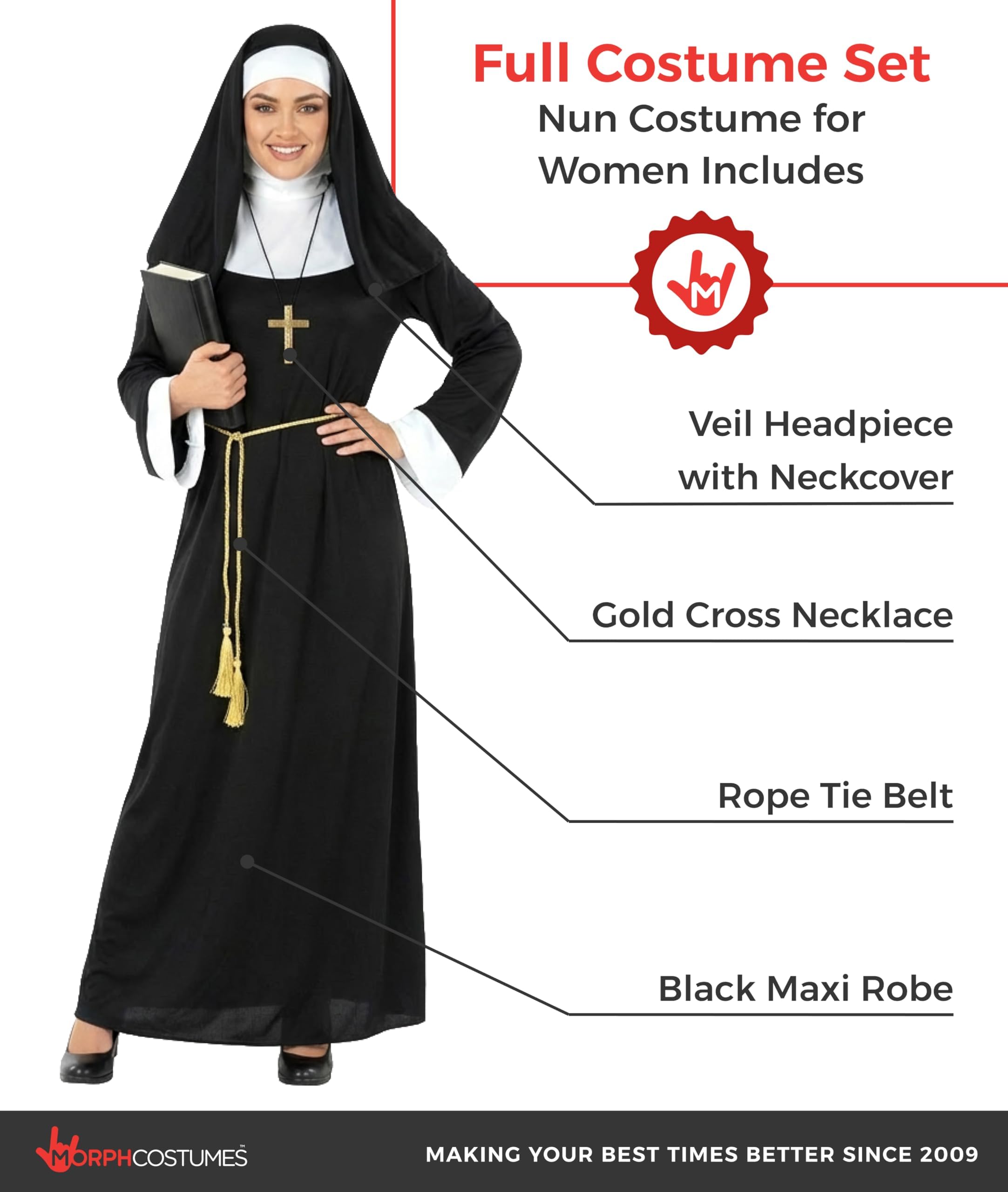 Morph Nonnenkostüm für Damen, Nonnen-Outfit mit Haube, Perfekt für Halloween und Karneval