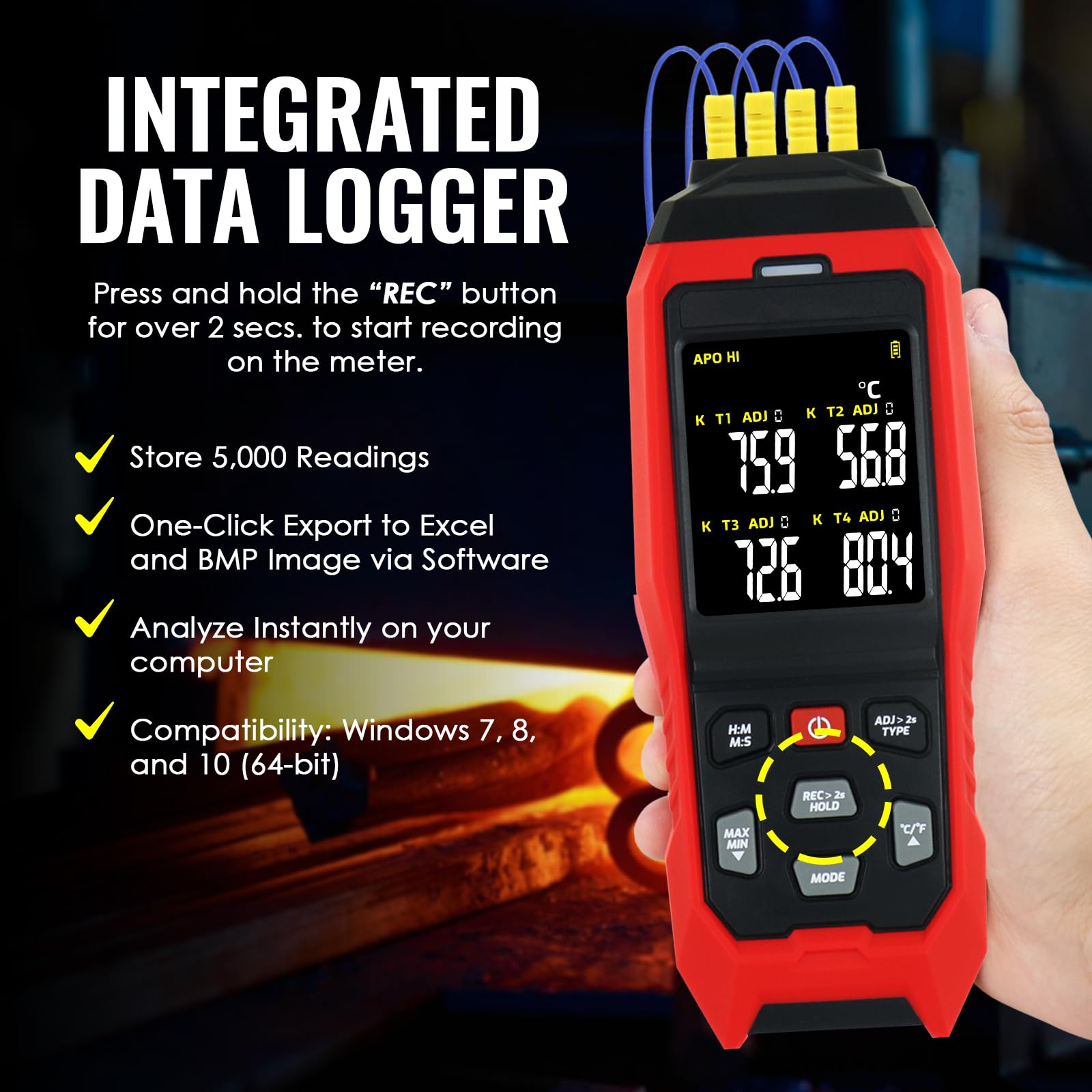 Termometro Datalogger Termocoppia K/J -328~2501°F, Display a 4 Canali, Registrazione Dati in Tempo Reale, Allarme Uditivo e Visivo