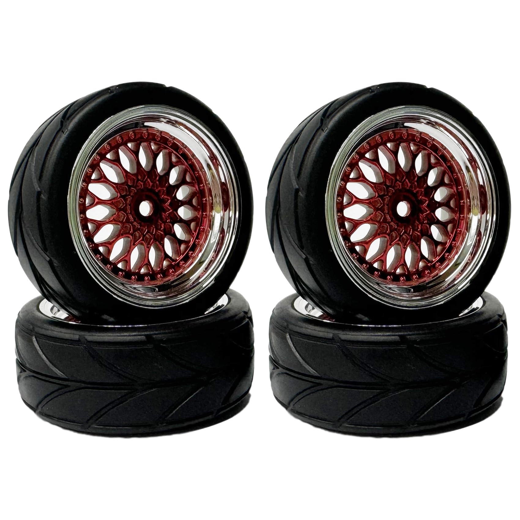 KINGCOO RC Car Tyres and Wheels Set, 4PCS 64mm Rubber Tires and Plastic Plating Wheel Rims 12mm Hex for 1/10 RC On Road Run-flating Touring Racing Drift Car (Red/Silver, Offset:9MM) — image 1