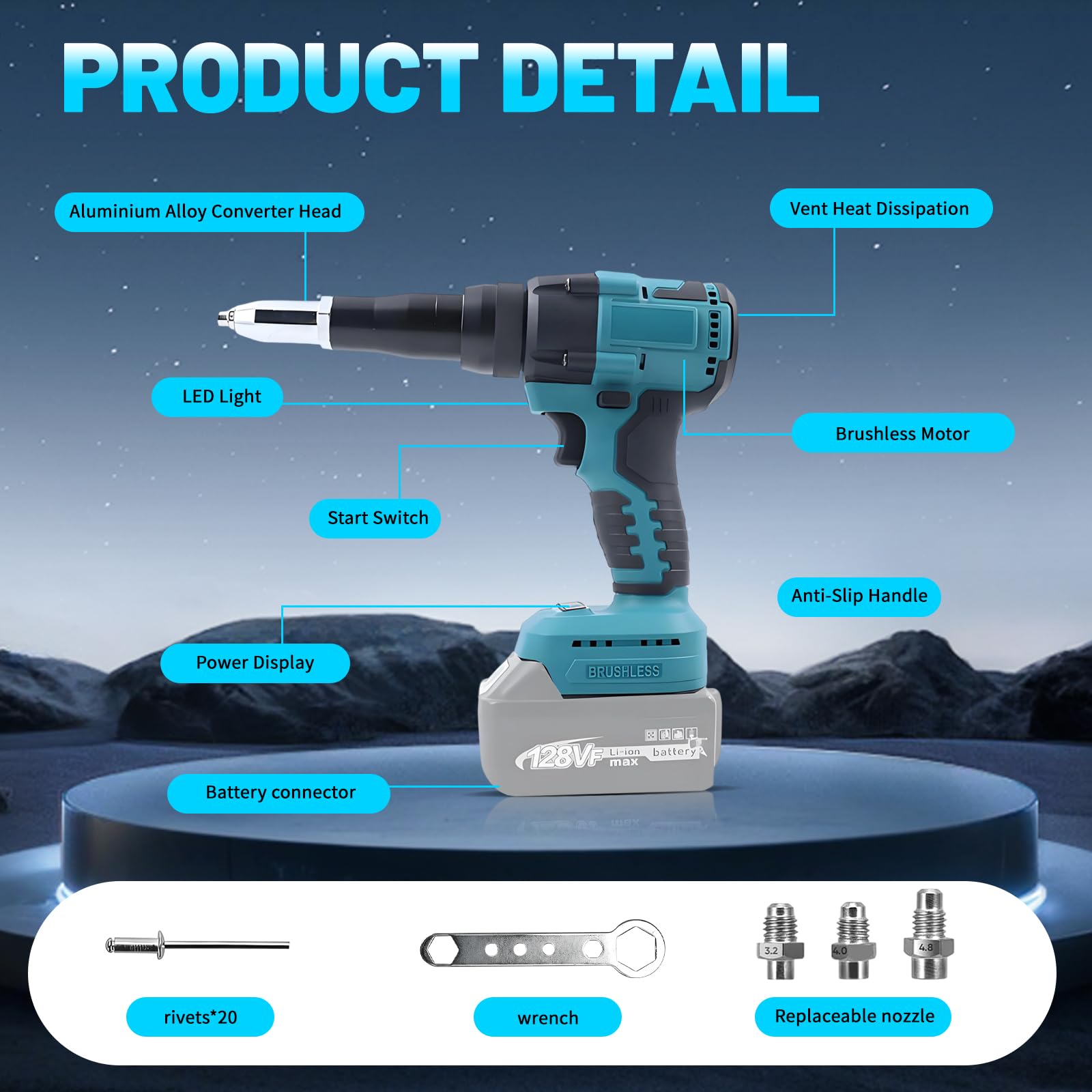Pince à riveter sans fil compatible avec Makita 18 V | pistolet à écrou à riveter électrique 2 en 1, avec lumière LED, 20 KN, 20 rivets, adaptateurs 3,2/4,0/4,8 mm (sans batterie)