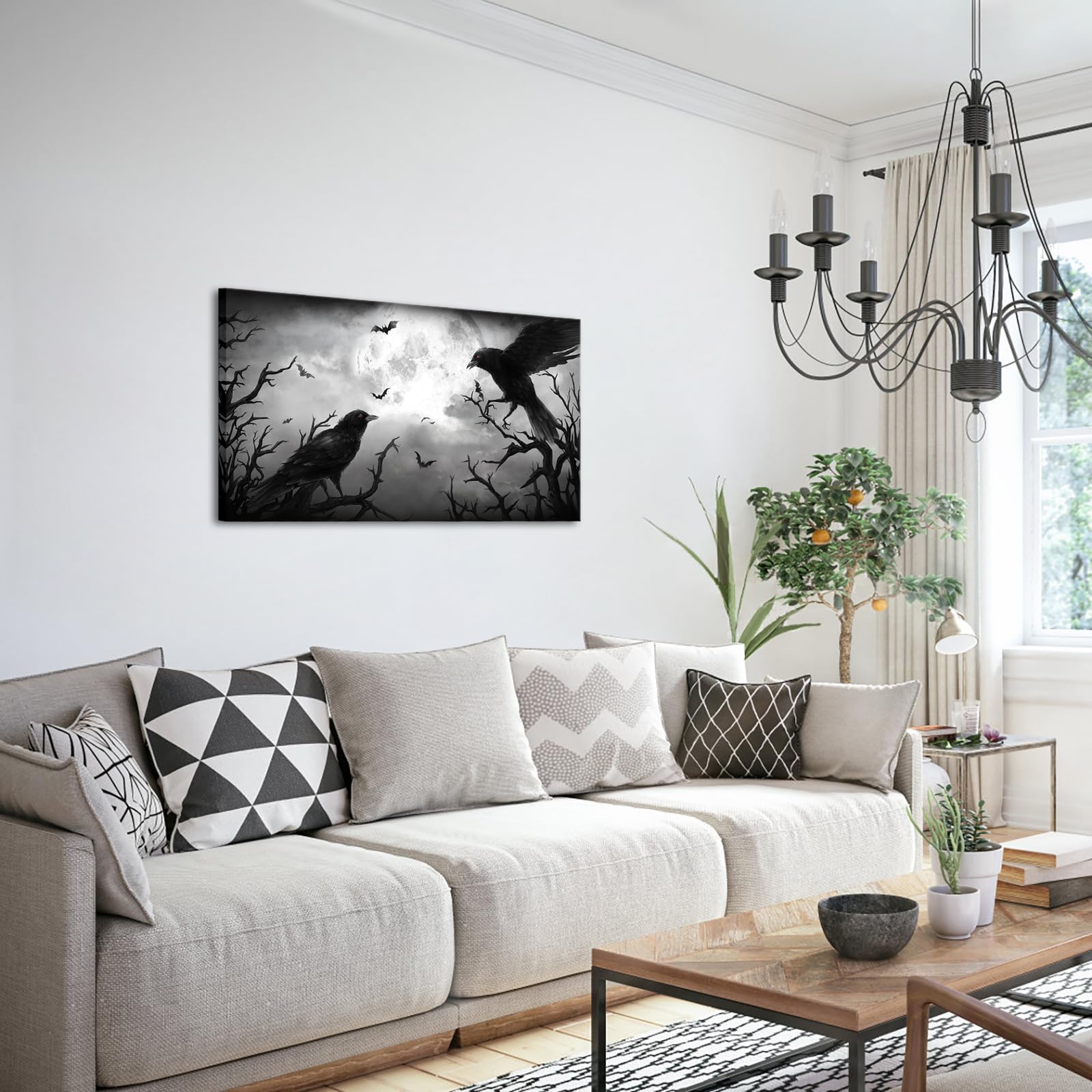 LevvArts Quadro Su Tela Con Cornice - Corvo Nero, Foresta Spettrale E Luna Piena, 50,8x91,4 Cm, Viola - 5