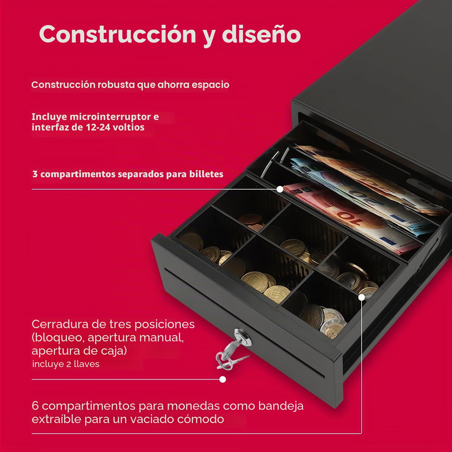 OLYMPIA Mini 208 Cajón de efectivo de metal completo | Base para caja registradora | Cajón con 6 monedas y 3 compartimentos para billetes | Conector RJ12 y cerradura