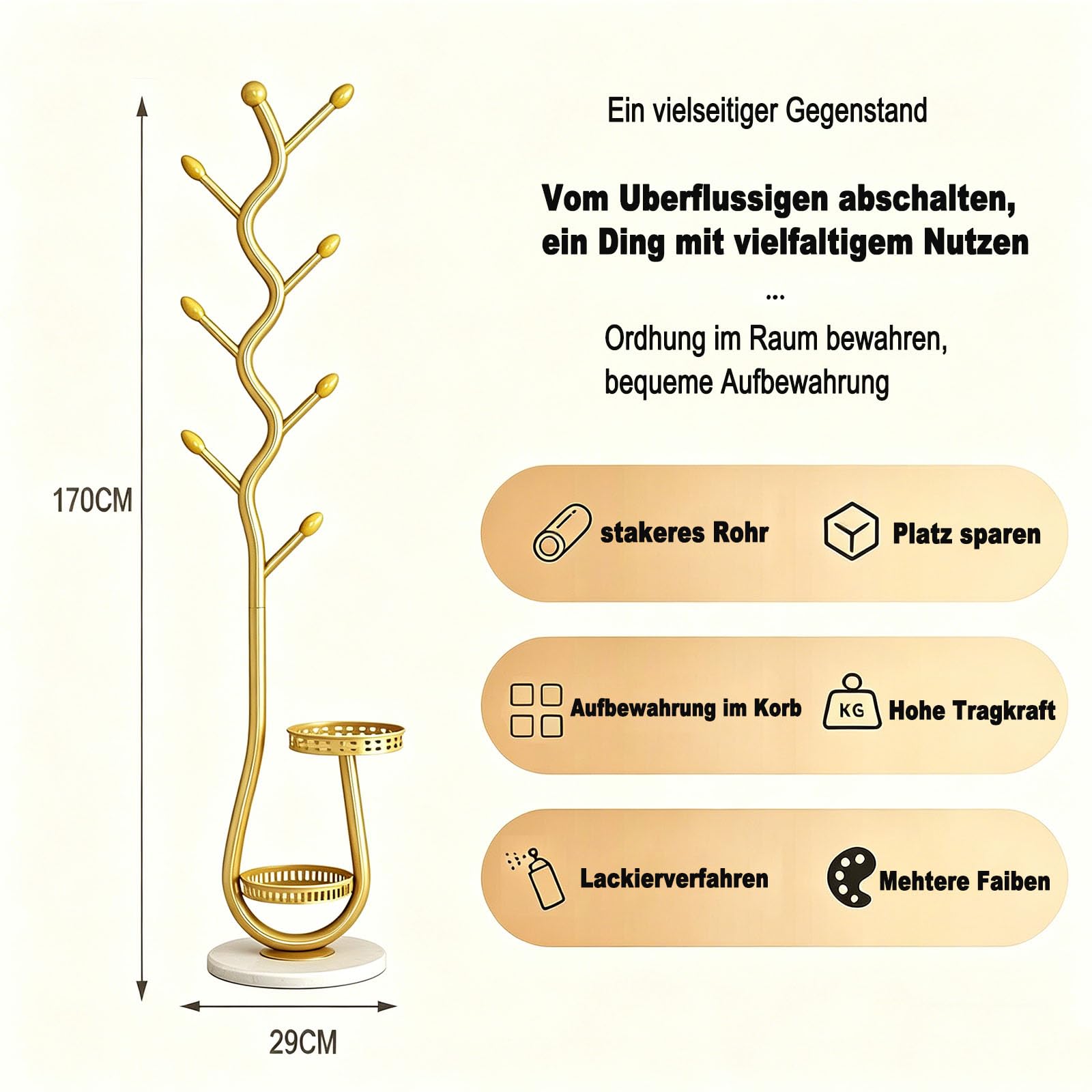 Generisch Freistehende Garderobe aus Metall mit Aufbewahrungskorb, mit 2 Ablagen Baumförmiger Garderobenständer, Stabiler Kleiderständer, Coat Stand, Hanger Stand Jackenständer Stehend, Gold