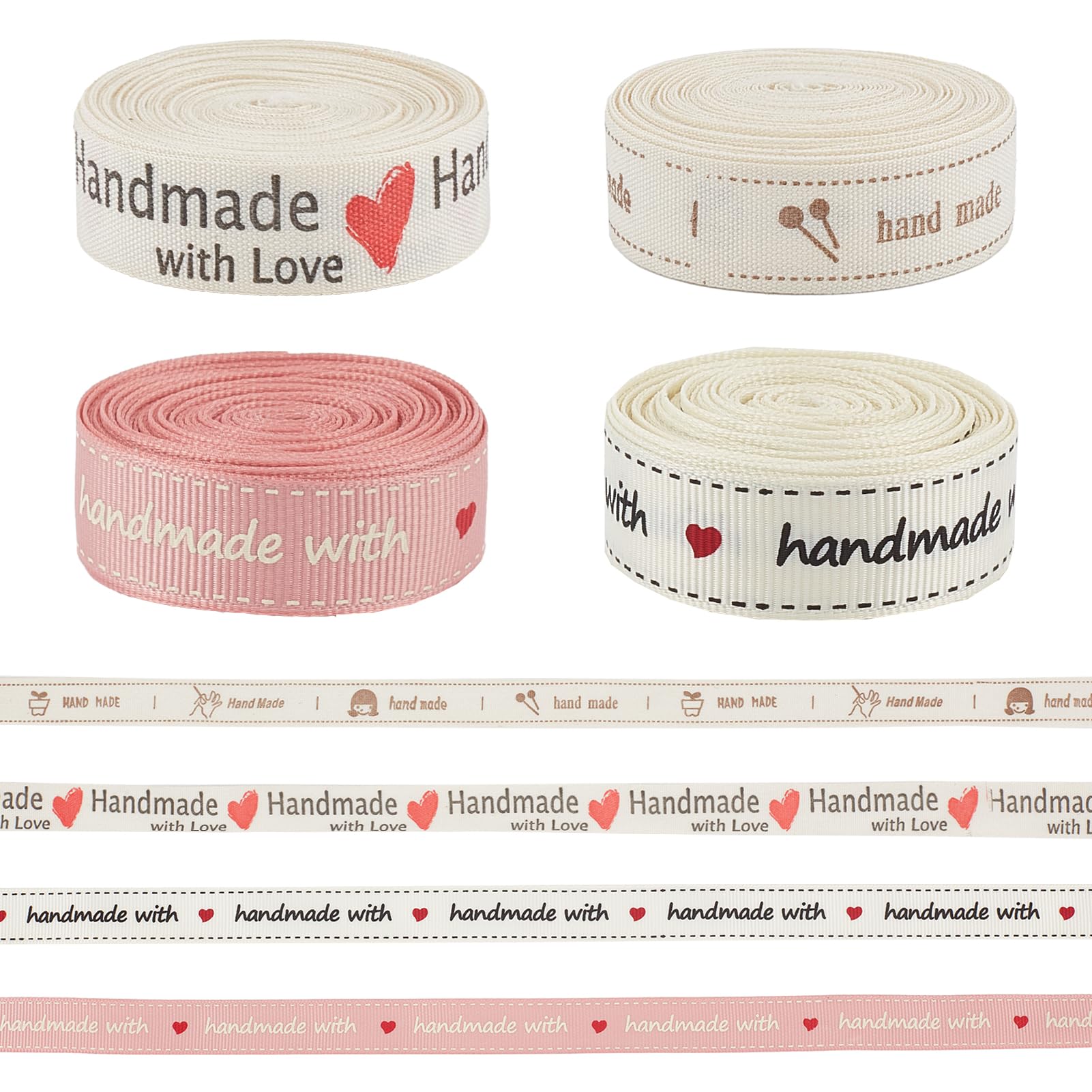 letsinstyle 4Pcs 20 Yards Cartoon Printed Cotton Ribbon, 0.59 Inch Handmade with Love Twill Tape Ribbons, Heart Pattern Decorative Trim for DIY Craft Wrapping Floral Decor Valentines Wedding