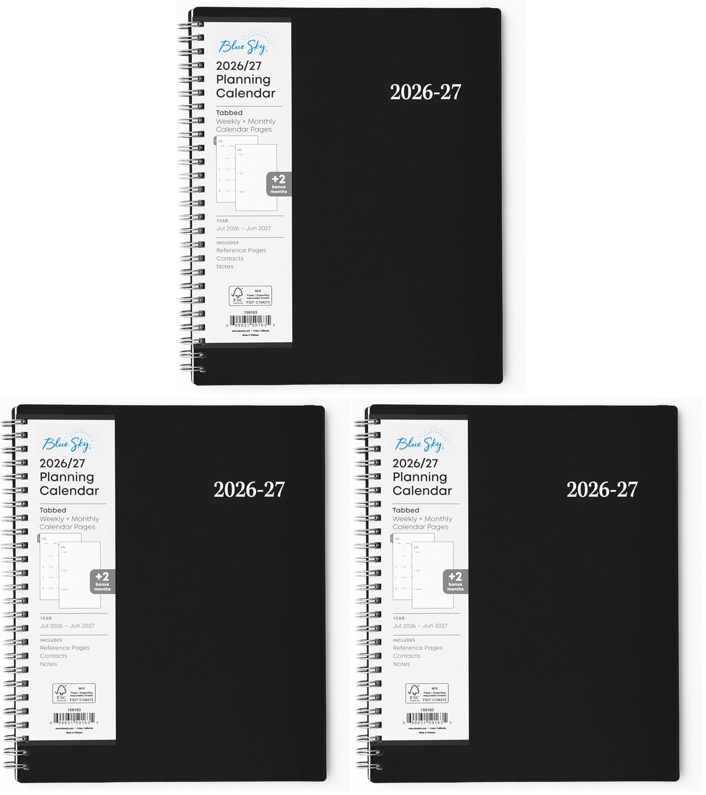 Blue Sky 2026-2027 Weekly and Monthly Academic Year Planner Calendar, July 2026 - June 2027, 7" x 9", Flexible Cover, Wirebound, Laminated Tabs, Enterprise (Pack of 3)