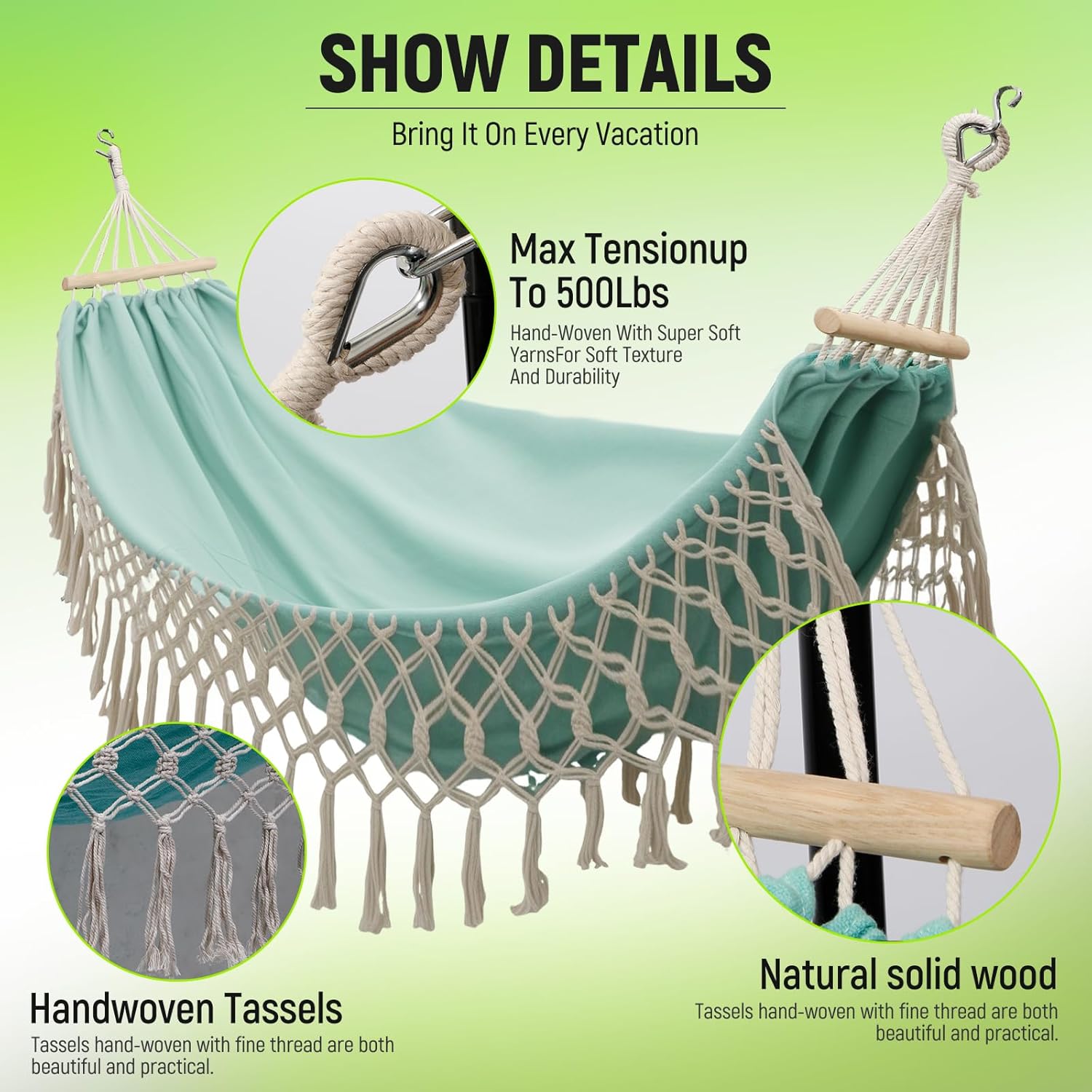 Portable Hammock,Bohemian Hammock,Rope Hammock,Suitable,Yard, Beach, Backyard,Garden (Khaki) 79 * 39
