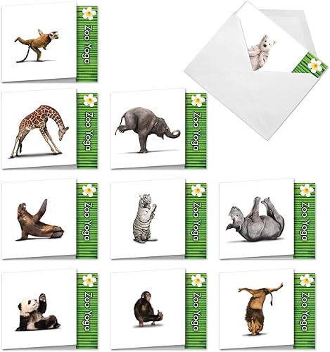 The Best Card Company - 10 tarjetas de notas de yoga en blanco (4 x 5.12 pulgadas) - Tarjetas de notas en caja con sobres, tarjetas de animales