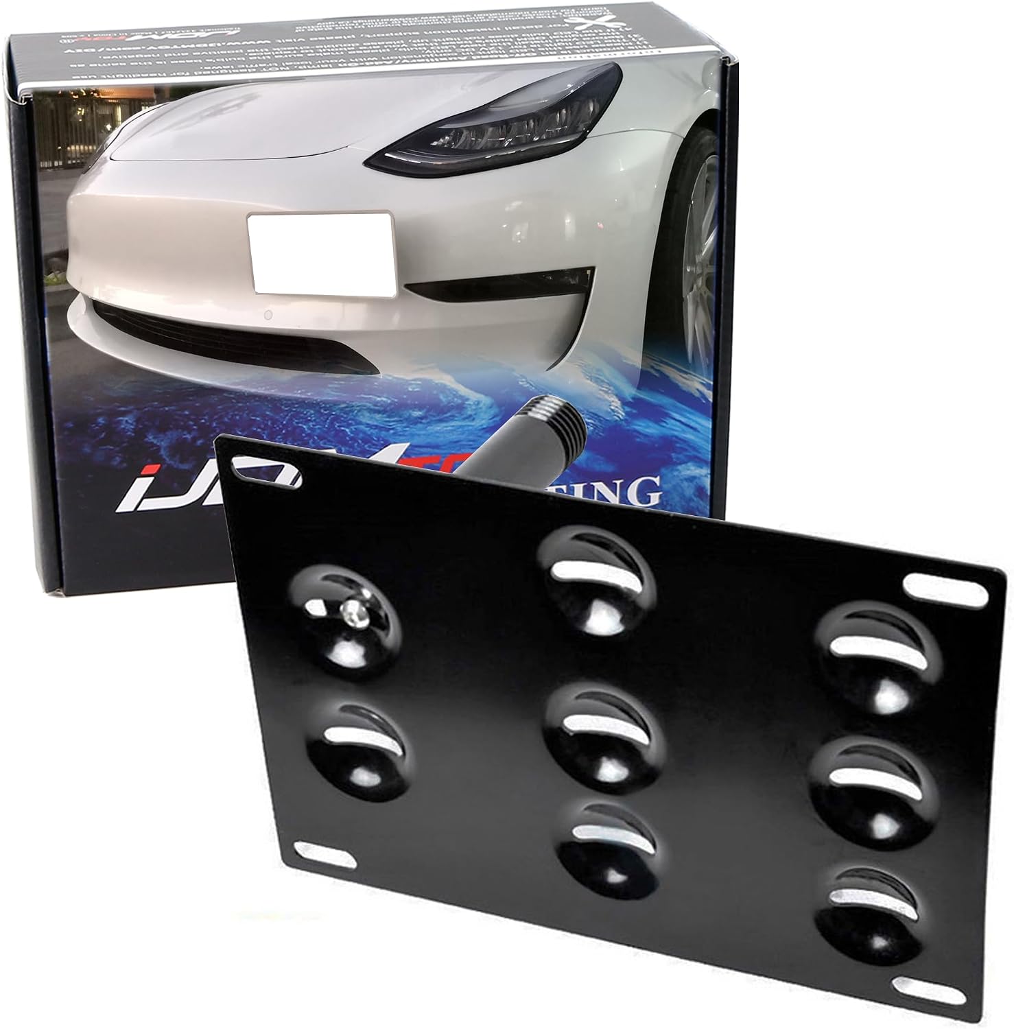 iJDMTOY No Drill Front Bumper Tow Hook License Plate Mounting Bracket Adapter Kit Compatible with 2017-2023 Tesla Model 3