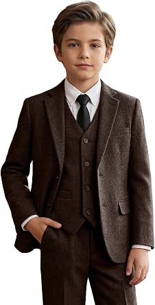 Retro Boy Suits Tweed Herringbone 5 Piece Suits for Teen Boy Blazer Vest Pant Suit Tuxedo Set with Tie