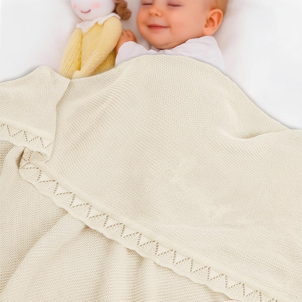 Baby Knit Blanket Soft Breathable Cotton Scallop Border Blankets Newborn Knitted Blanket Swaddle Blankets Gifts for Baby Newborn Toddler Shower Boy Girl New Mom Birthday Christmas Cream 30x40