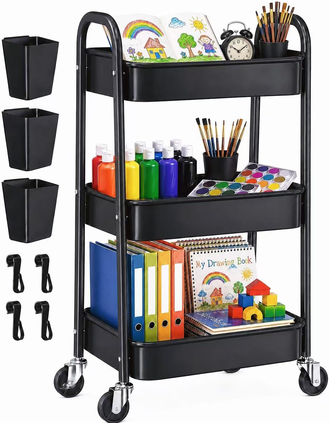 3 Tier Metal Rolling Cart Organizer, Black Utility Storage Cart with Wheels