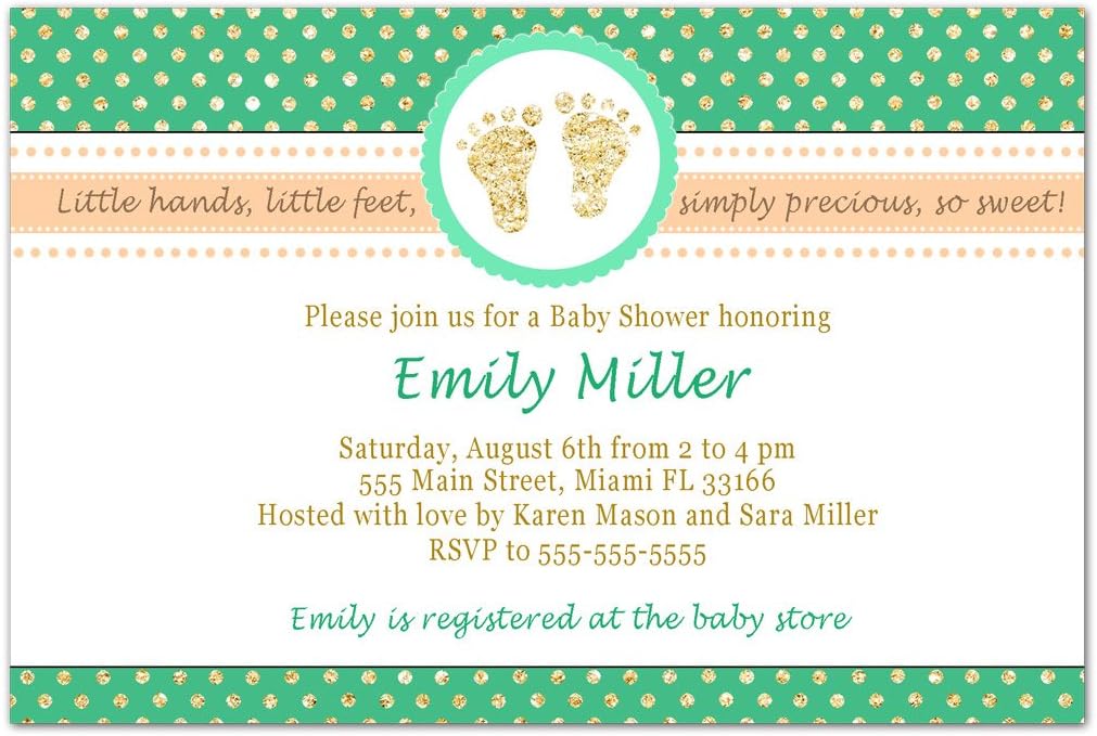 30 Invitations Unisex Baby Shower Green Gold Footprints Personalized Photo Paper