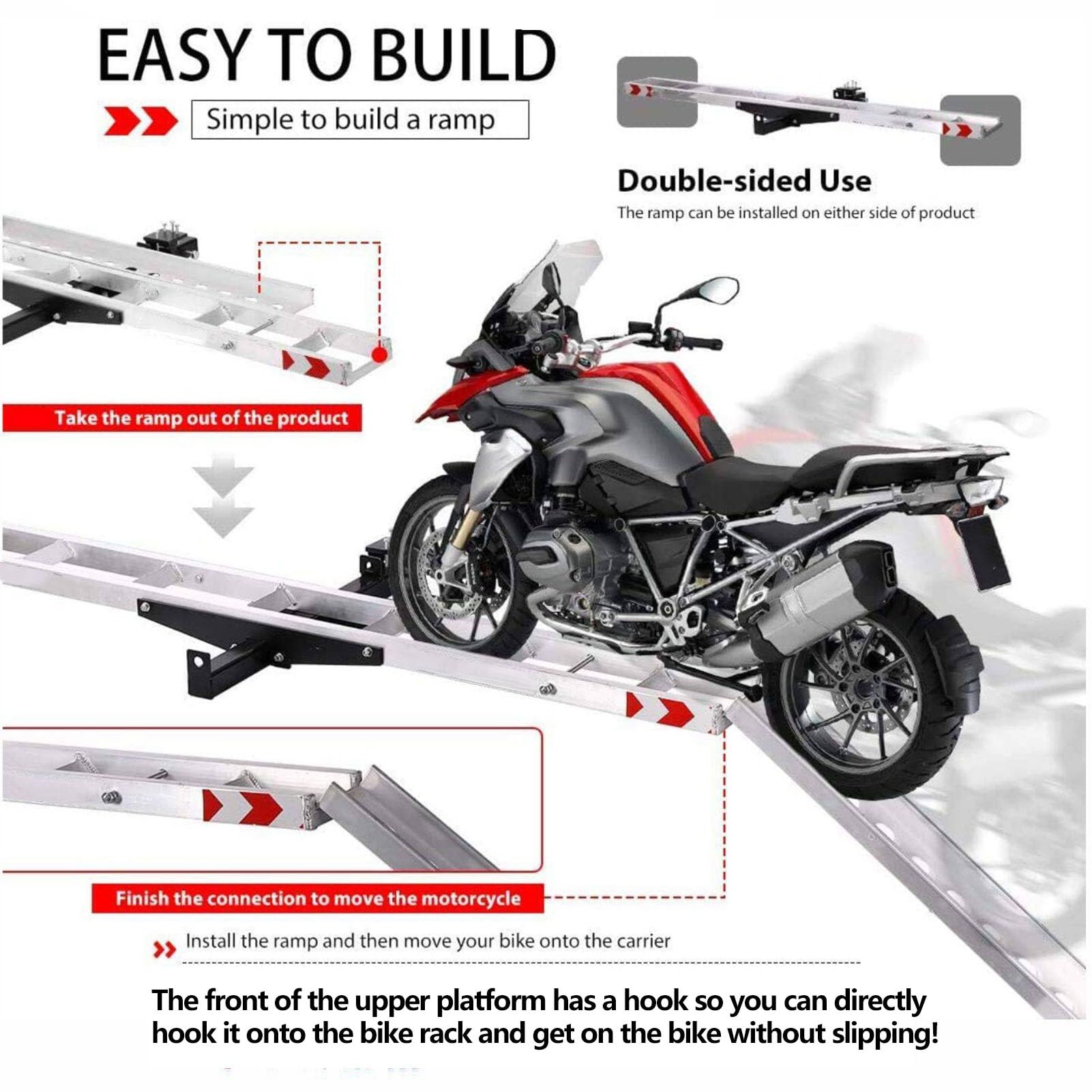 500-Pfund-Motorradträger mit Rampe, Leichter Aluminium-Dirtbike-Anhänger mit Ratschengurten und Stabilisator, Anhängerkupplungs-Rollerträger für SUVs und Pickups inklusive