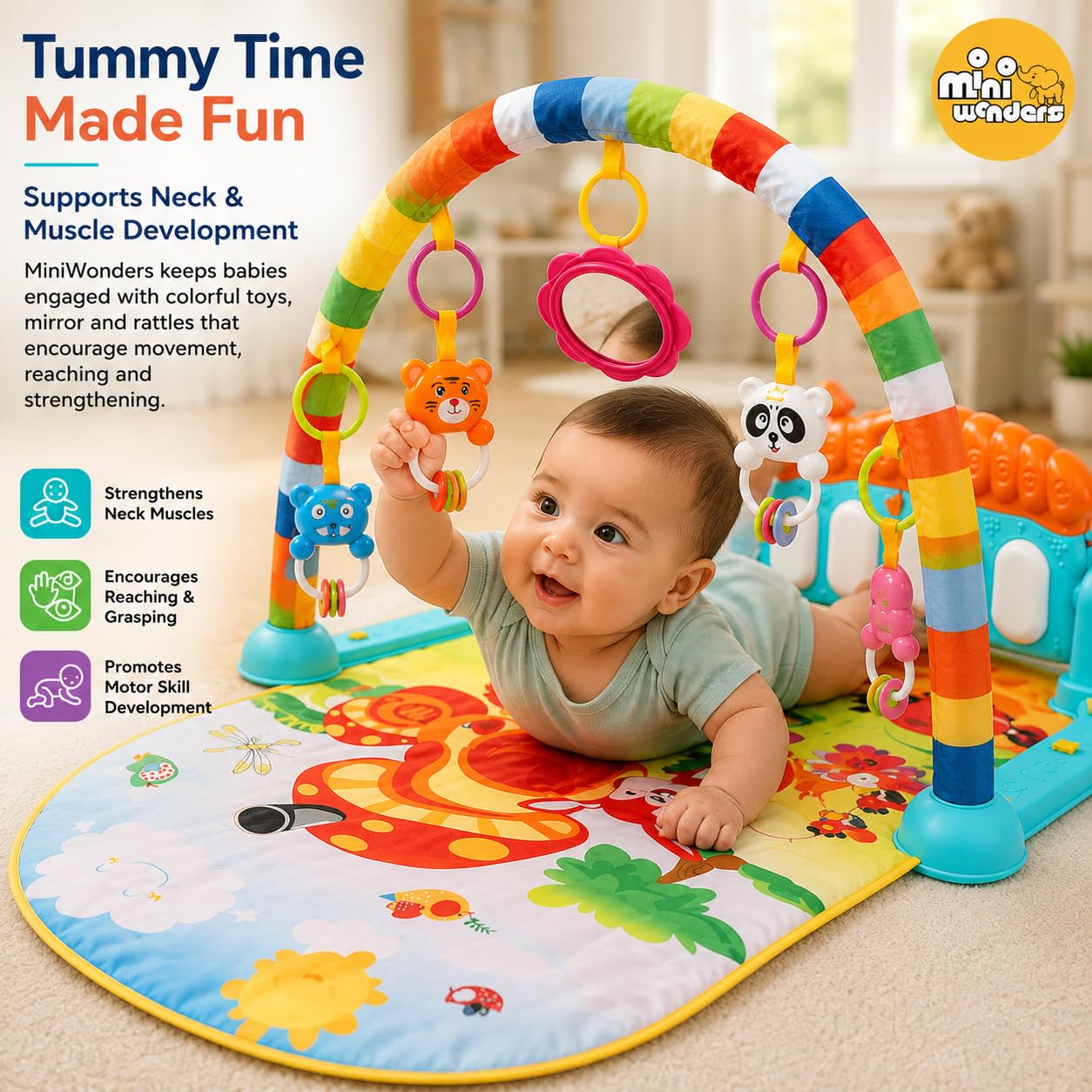Mini Wonders Baby Gym Play Mat with Hanging Toys | Tummy Time Activity Gym for Newborns | Soft Mat with Rattles & Mirror | Sensory Development Toy 0-12 Months