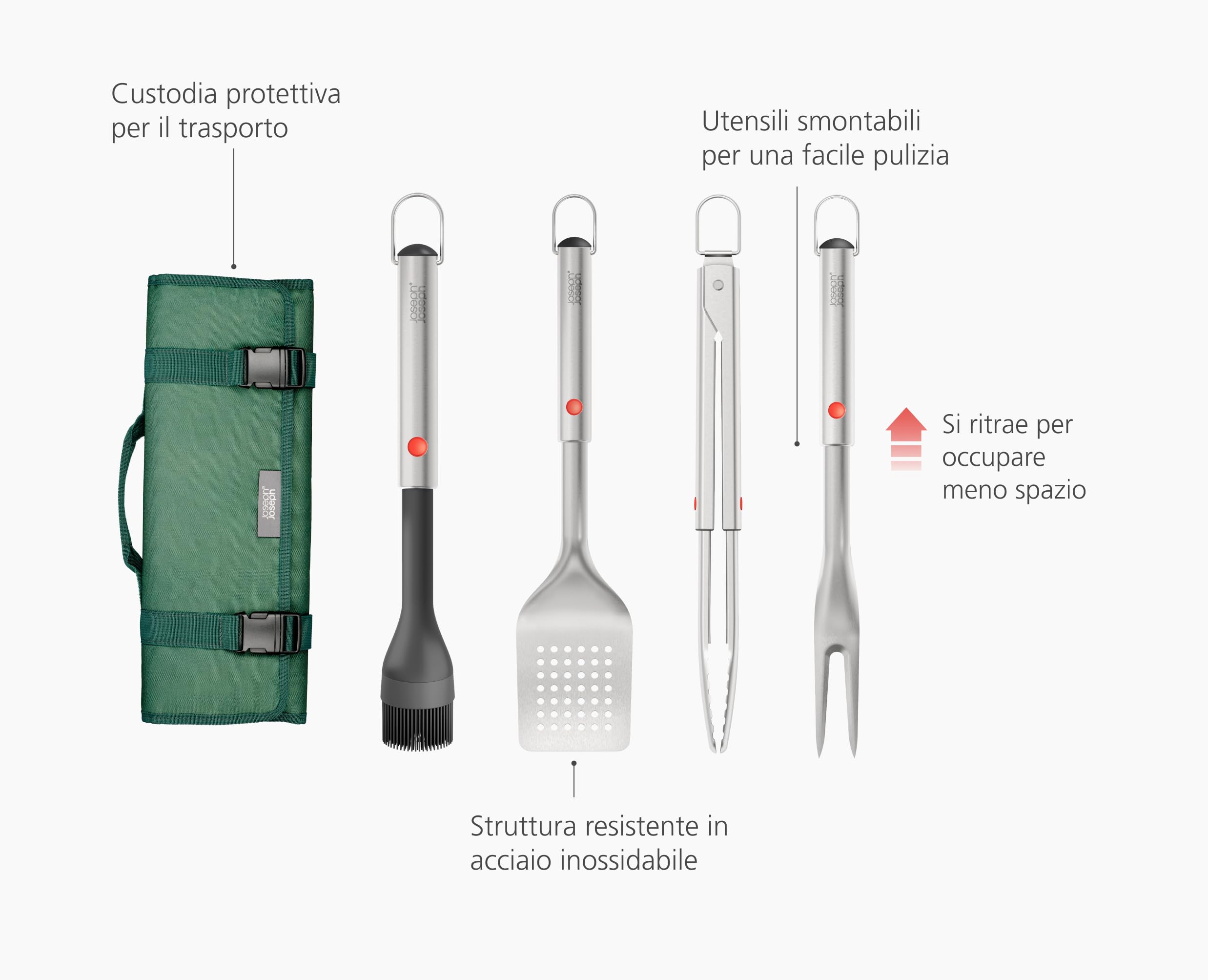 Joseph Joseph GrillOut Set di Utensili per BBQ in Acciaio Inox 4 Pezzi con Custodia, Spazzola, Pinze, Paletta e Forchetta, Manico Regolabile, Occhielli per Appendere