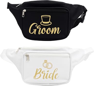 Brosash Bride and Groom Fanny Pack Set Fun Matching Waist Bags with Gold Text & Adjustable Strap Coed Bachelor Bachelorette Party Gift for Bride & Groom Wedding Day Honeymoon Bridal Engagement