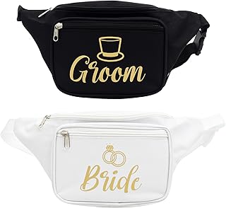 Bride and Groom Fanny Pack Set – Fun Matching Waist Bags with Gold Text & Adjustable Strap – Coed Bachelor Bachelorette Party Gift for Bride & Groom Wedding Day Honeymoon Bridal Engagement