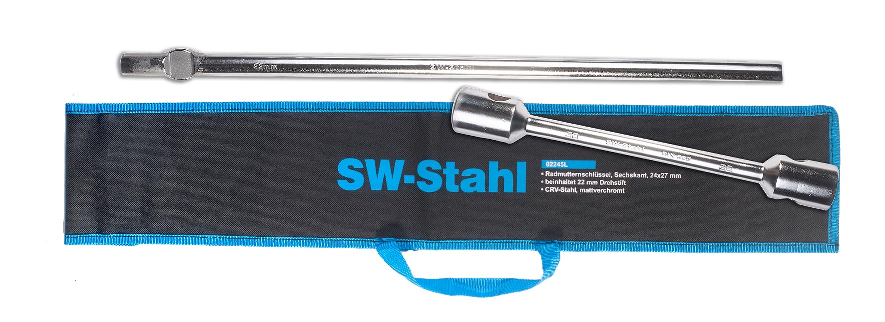 SW-Stahl Clé pour Écrous de Roue, 27 x 32 mm, Hexagonale en Acier CV | Modèle robuste chromé mat avec tige de rotation de 22 mm et 600 mm de long, livré dans une pochette en tissu pratique