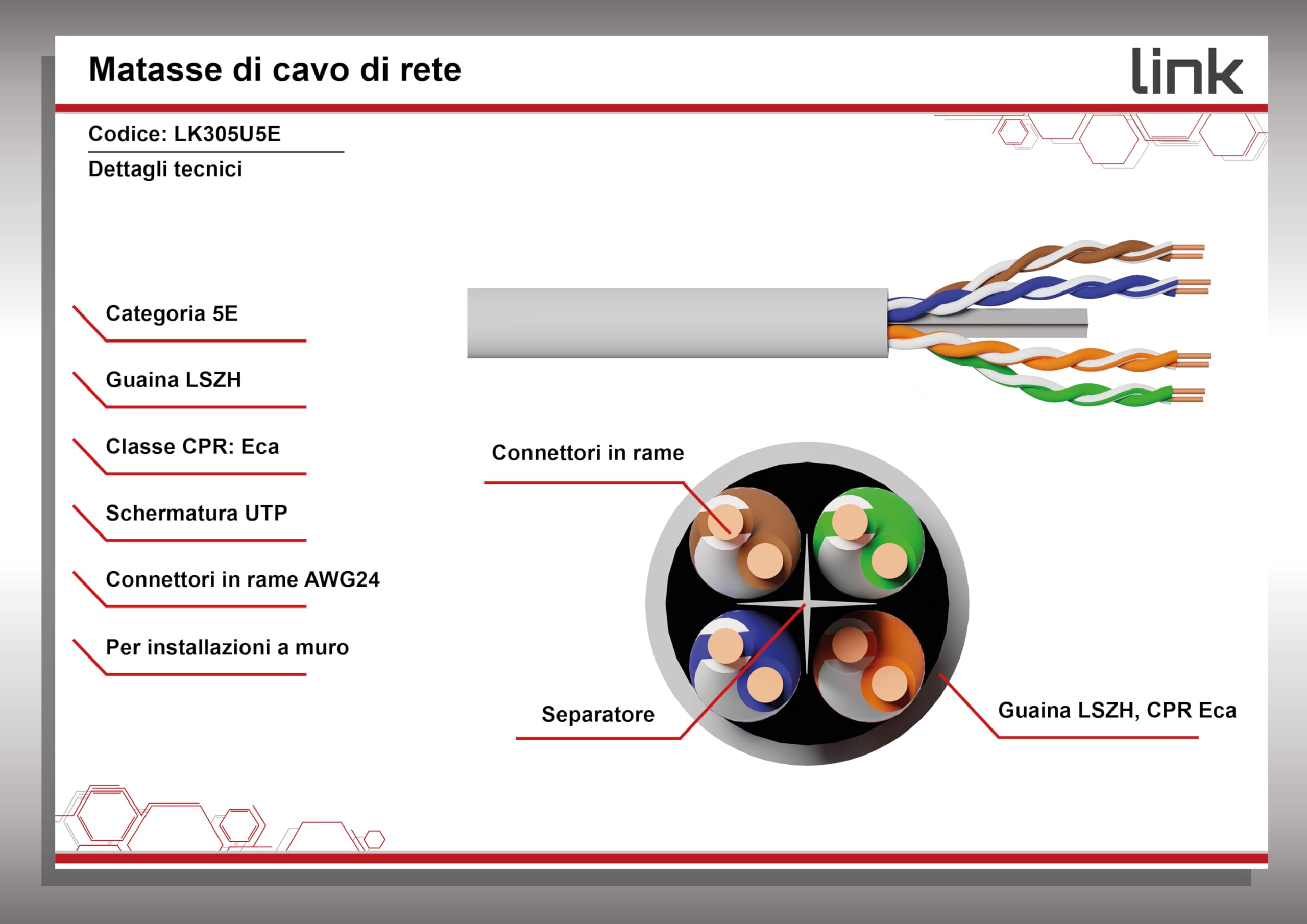 LINK LK305U5E - Cavo di rete UTP solido Categoria 5e (305 metri, grigio) – Guaina LSZH senza alogeni per installazione fissa – Conforme CPR Classe Eca per edifici civili