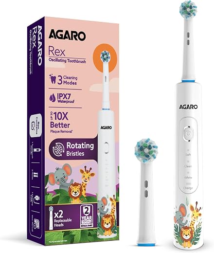 AGARO Rex Oscillating Kids Electric Toothbrush, 3 Cleaning Modes, Oscillating Round Head, 2 Replaceable Heads, 2-Min Smart...