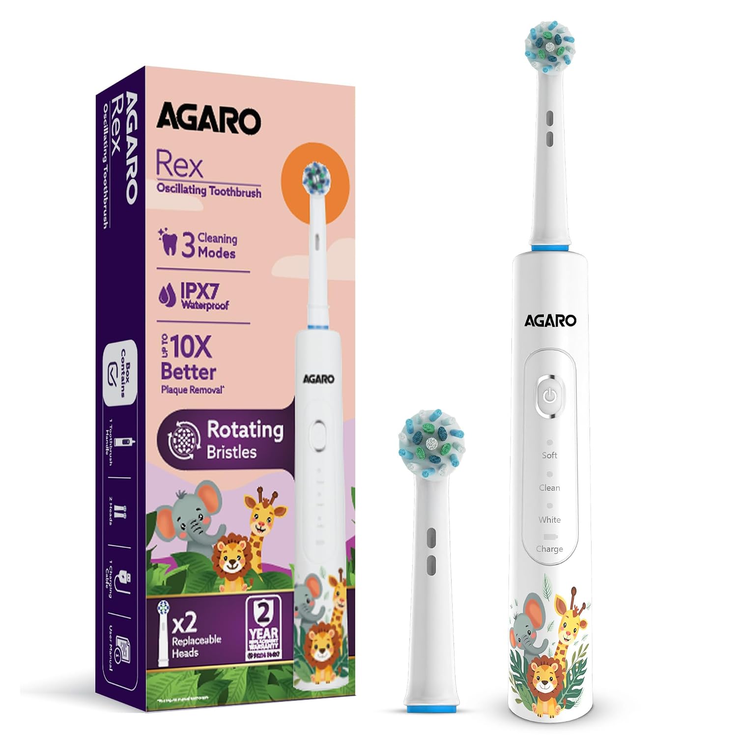 AGARO Rex Oscillating Kids Electric Toothbrush, 3 Cleaning Modes, Oscillating Round Head, 2 Replaceable Heads, 2-Min Smart... - Review, Price and Buying Guide