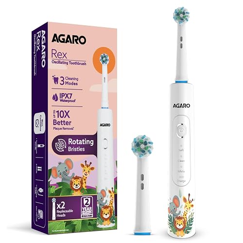 AGARO Rex Oscillating Kids Electric Toothbrush, 3 Cleaning Modes, Oscillating Round Head, 2 Replaceable Heads, 2-Min Smart Timer, USB-C Rechargeable (Up to 21 Days), IPX7 Waterproof