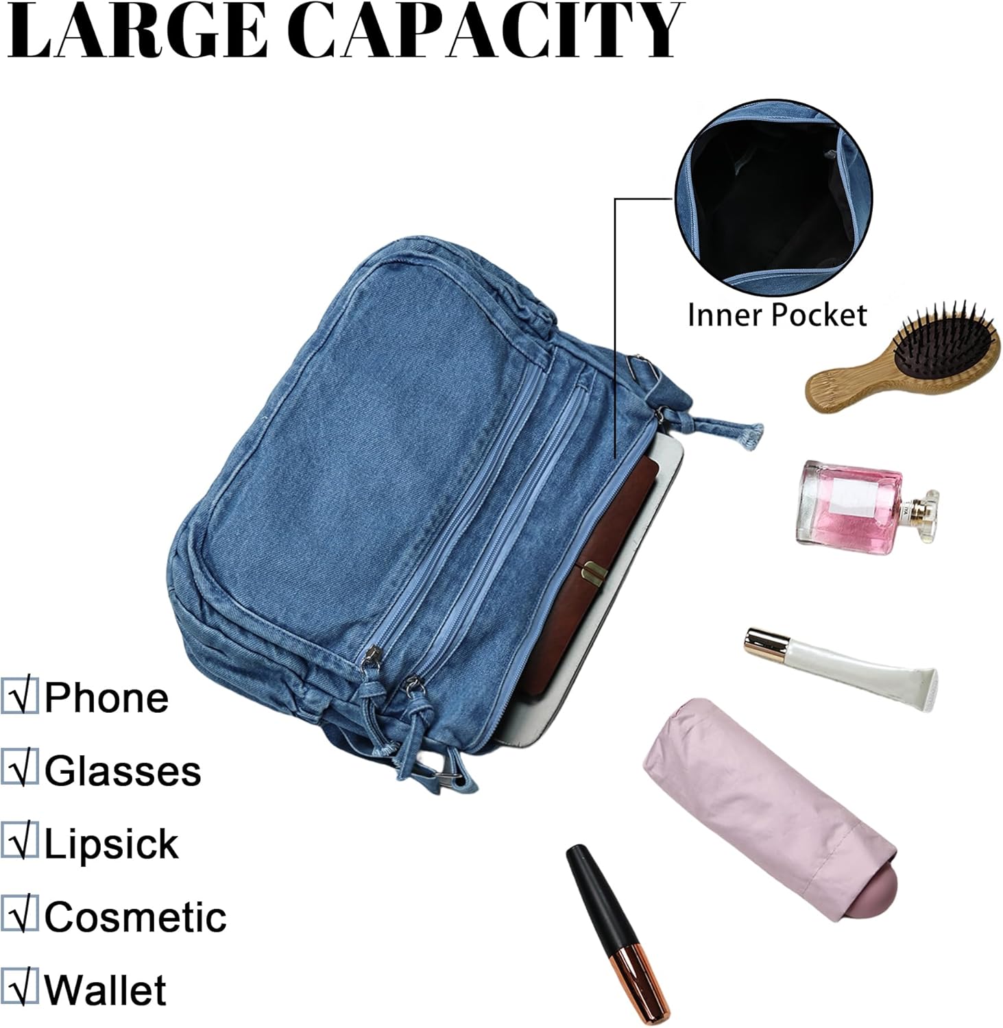 Denim Purse for Women Jean Crossbody Handbags Shoulder Casual Retro Style Lightweight Tote Bag