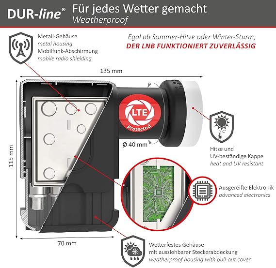 DUR-line +Ultra Octo LNB - 8 Participants Black - with LTE Filter 8-Way Digital with Weather Protection Full HD 4 K Premium Quality