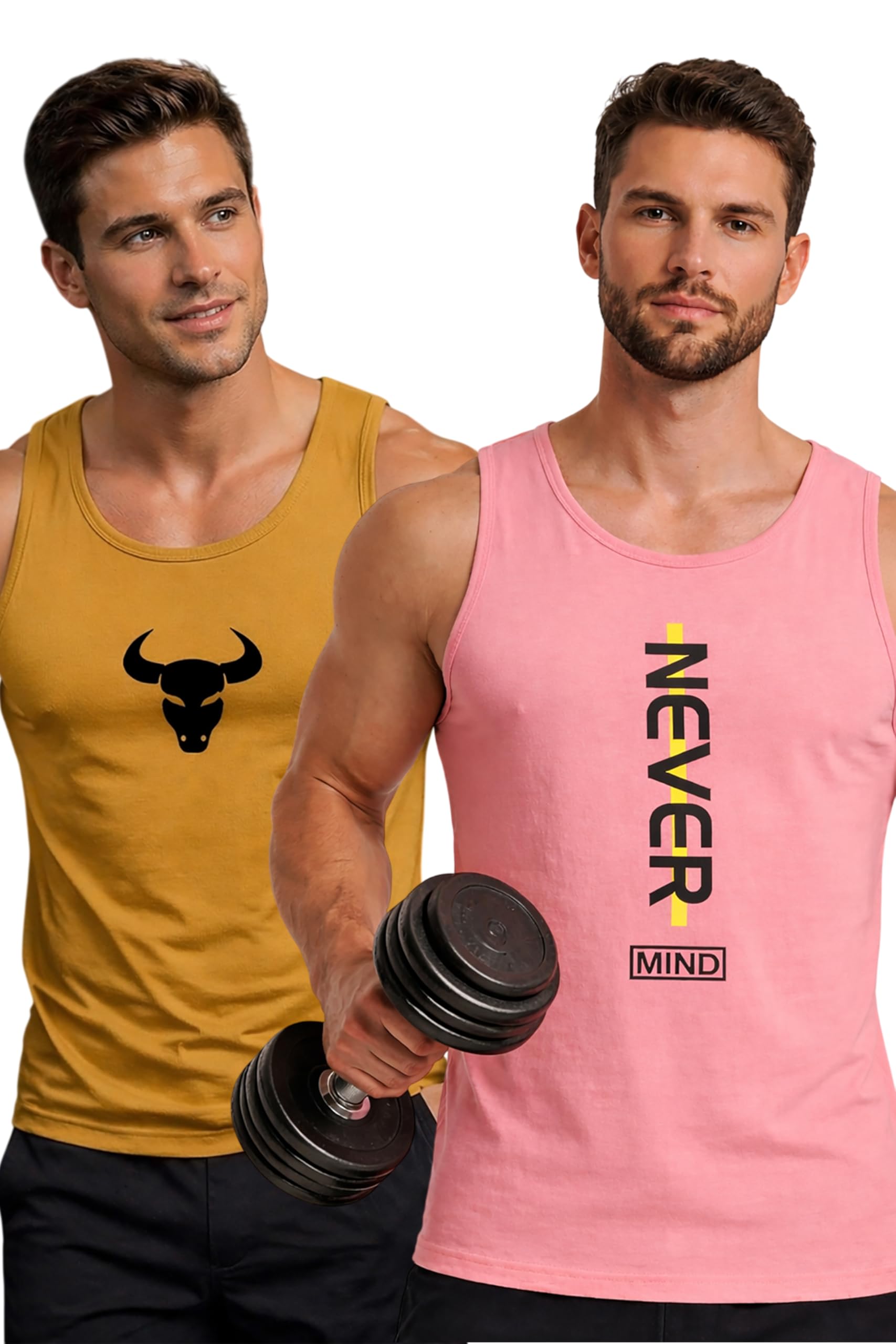 Polyester Letter Printed Vest for Men - Pack of 2 - Pink & Mustard | Round Neck | Sleeveless | Regular Fit | Summer & Gym Wear Tank Top for Men-image-41