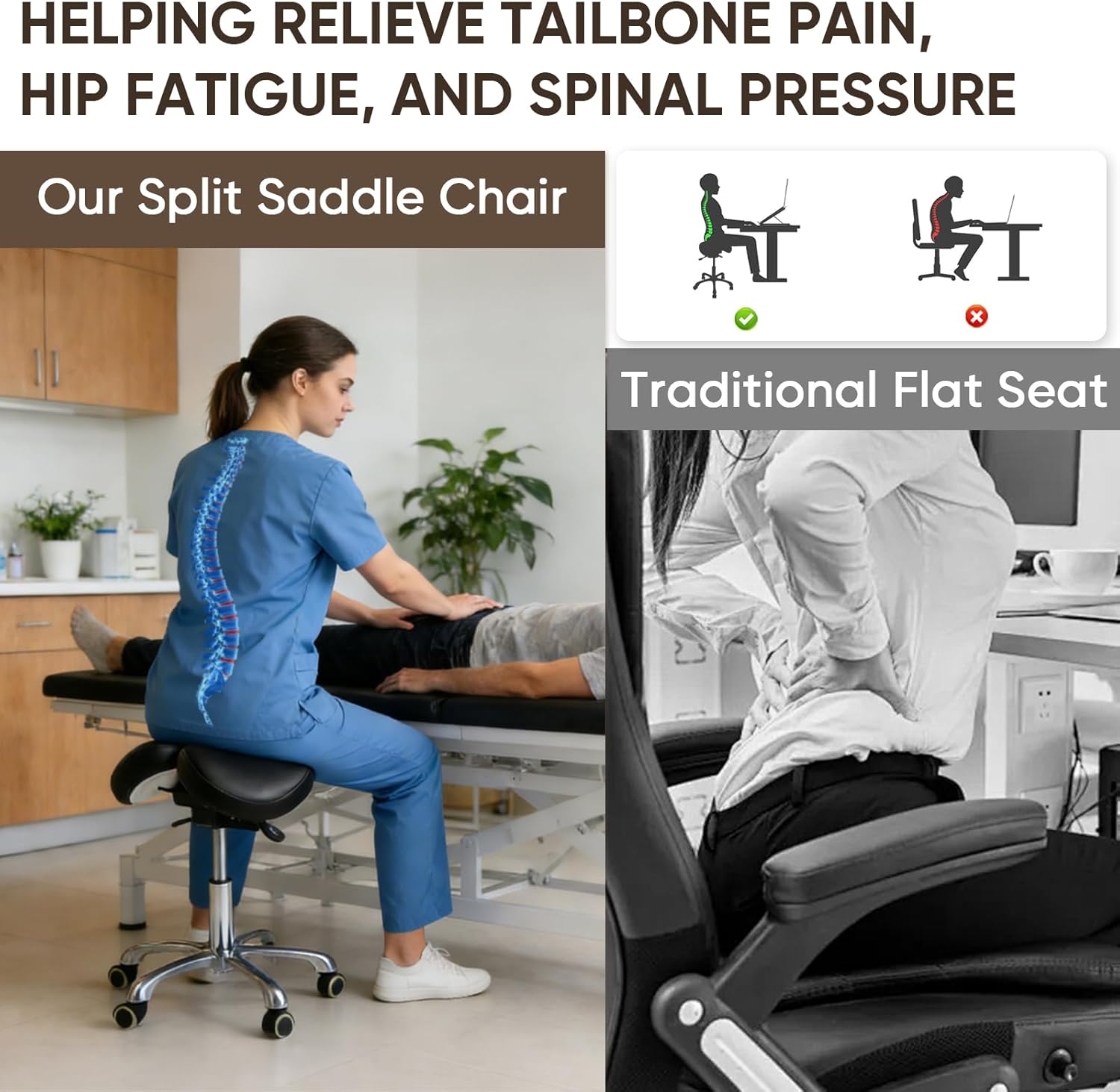 Ergonomic Saddle Stool,Split Saddle Chair, Adjustable Height Rolling Chair, 360° Swivel for Massage, Spa, Tattoo, Office