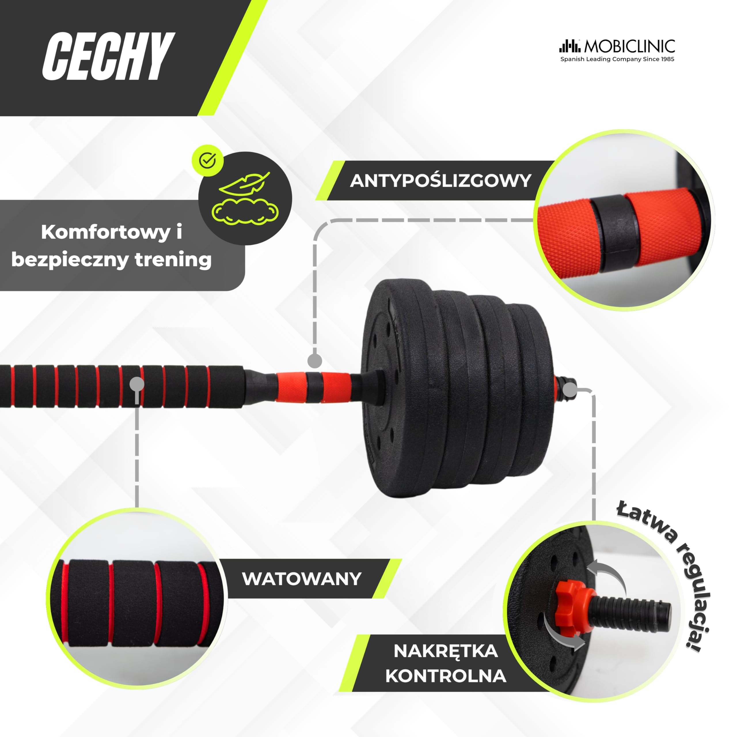 Mobiclinic®, Regulowane Hantle 30 kg, 2 w 1, Zestaw Ciężarków, Hantle, Drążek Łączący, Przenośny, Uchwyt Antypoślizgowy, Maxifit, Siłownia Domowa, Fitness