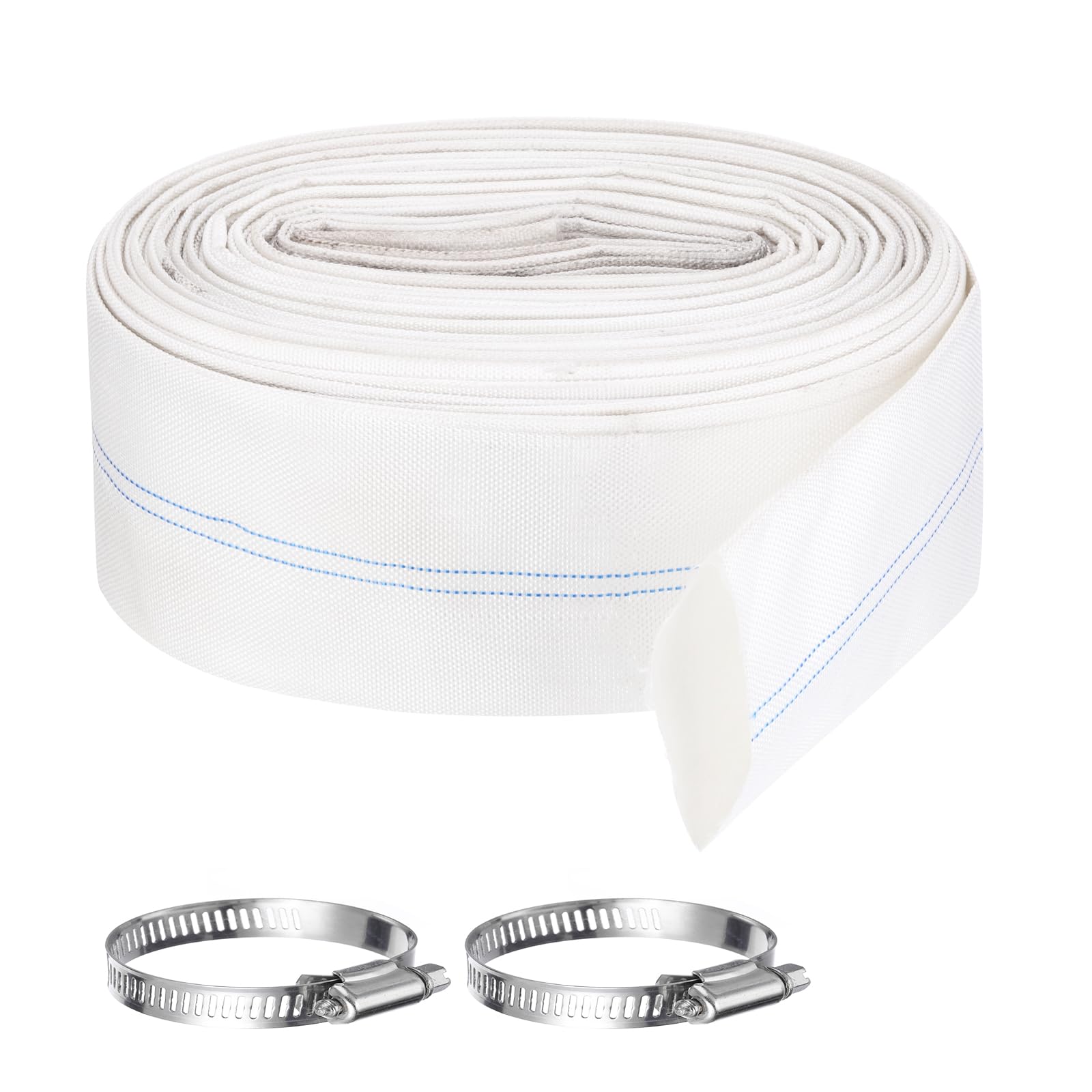 Rebower Pool Backwash Hose, 4 Inch x 98.4ft Reinforced Drain Hose PVC Lay Flat Water Discharge Pump Hoses for Pool Filter Swimming Pump, with 2pcs Clamps, White — image 1