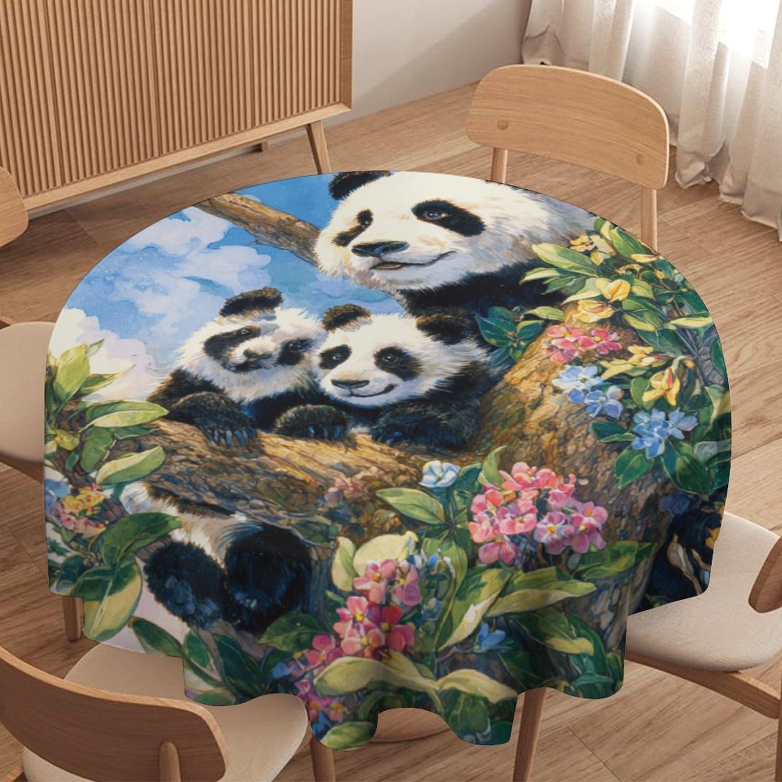 LUYYSKY Natural Oil Painting Wildlife Pandas Waterproof Round Tablecloth Beautiful Vintage Spring Plants Tree Animals Pandas Butterflies Print Washable Table Cover for Kitchen-127 Wx127 L cm