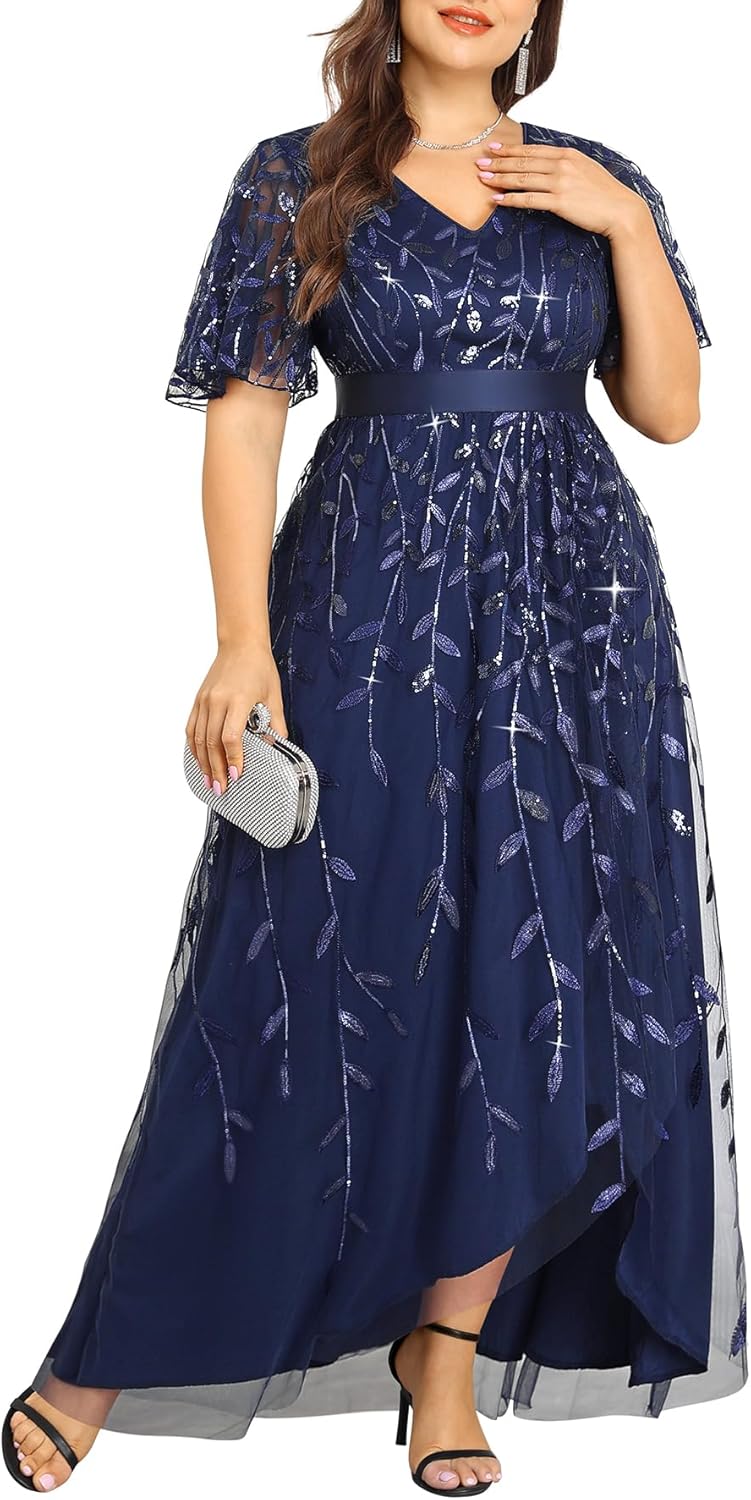 Pinup Fashion Plus Size Formal Dresses - Evening Gowns Sequin Embroidery V-Neck Prom Long Dress with Slit - Image 2