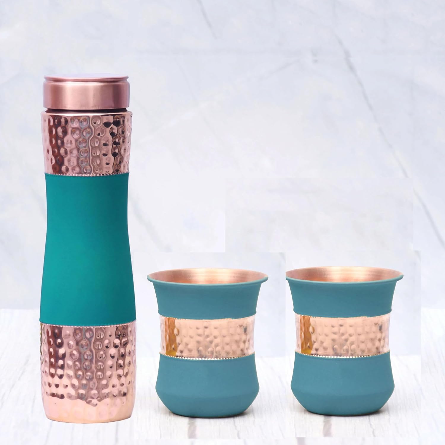 Pure Copper Water Bottle Silk Green Half Hammered with 2 Dholak Glasses (Set of 3) Capacity 1450 ML Silk Green Copper Bottle:- 2.83x10.6 inch Glass:-8x8x10.5 CM